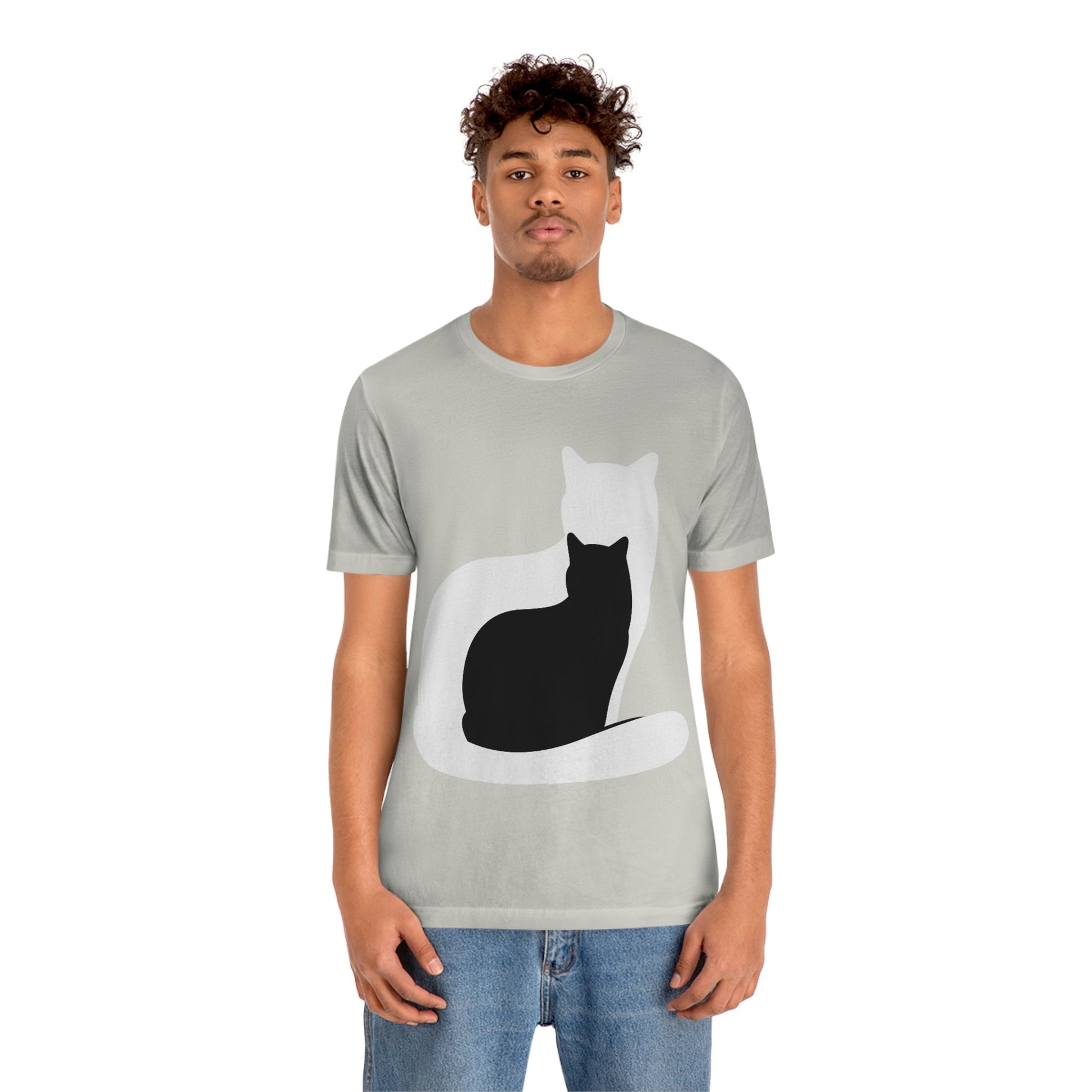 Black White Cat with Shadow Dzen Animals Lovers Unisex Jersey Short Sleeve T-Shirt Ichaku [Perfect Gifts Selection]