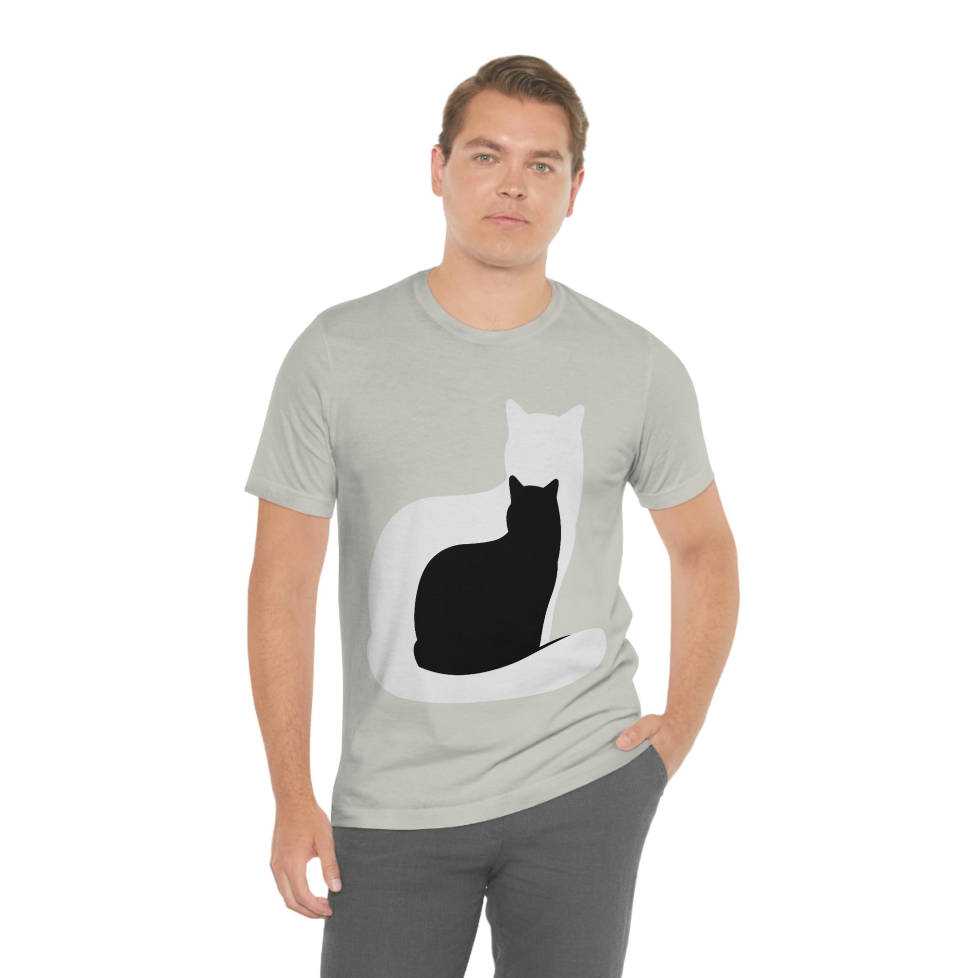Black White Cat with Shadow Dzen Animals Lovers Unisex Jersey Short Sleeve T-Shirt Ichaku [Perfect Gifts Selection]