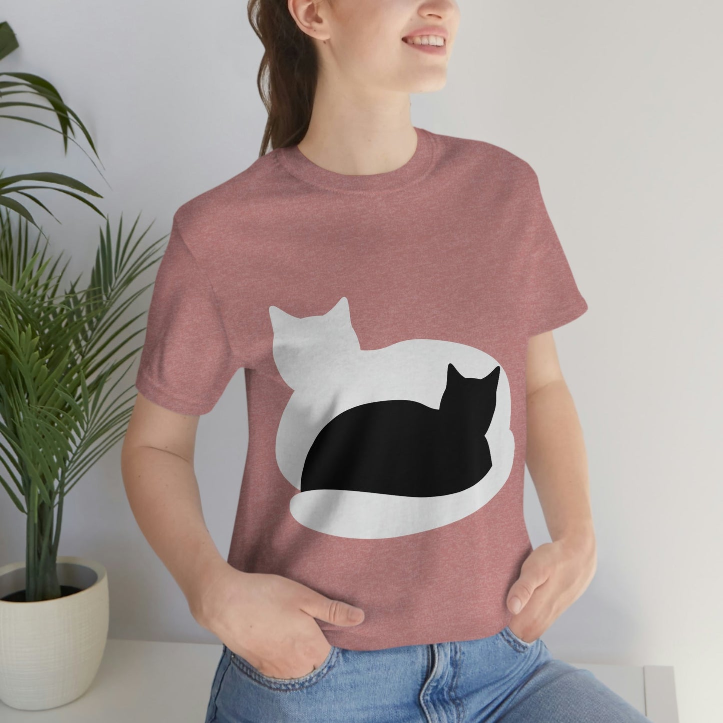 Black White Cat with Shadow Dzen Animals Lovers Unisex Jersey Short Sleeve T-Shirt Ichaku [Perfect Gifts Selection]