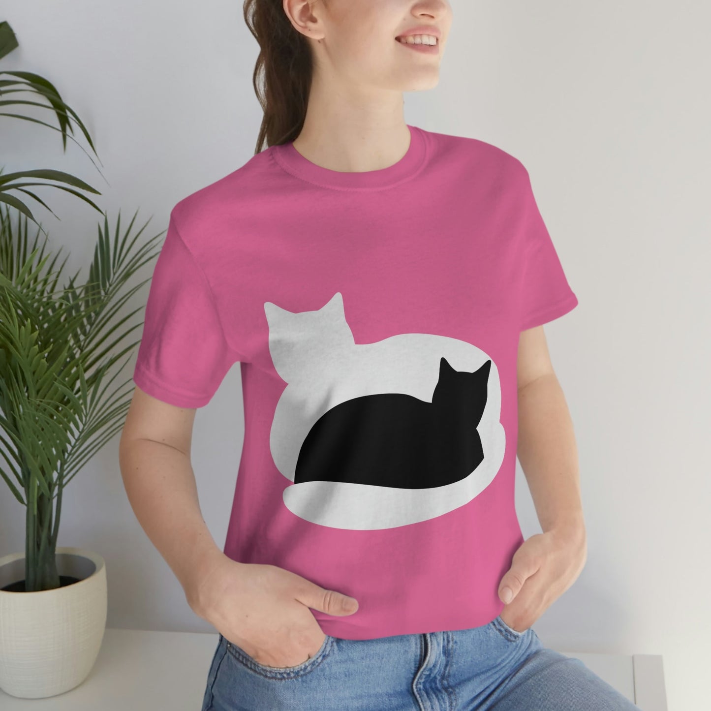 Black White Cat with Shadow Dzen Animals Lovers Unisex Jersey Short Sleeve T-Shirt Ichaku [Perfect Gifts Selection]