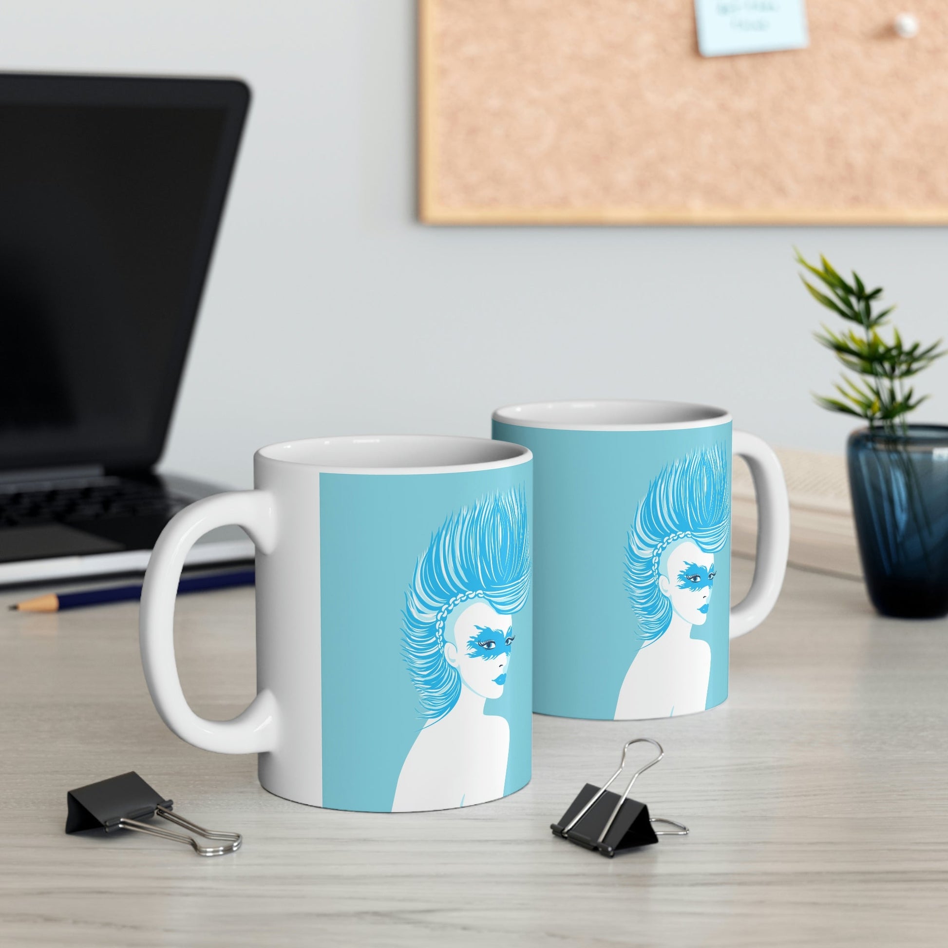 Blue Punk Woman Art Unique Edgy Graphic Ceramic Mug 11oz Ichaku [Perfect Gifts Selection]