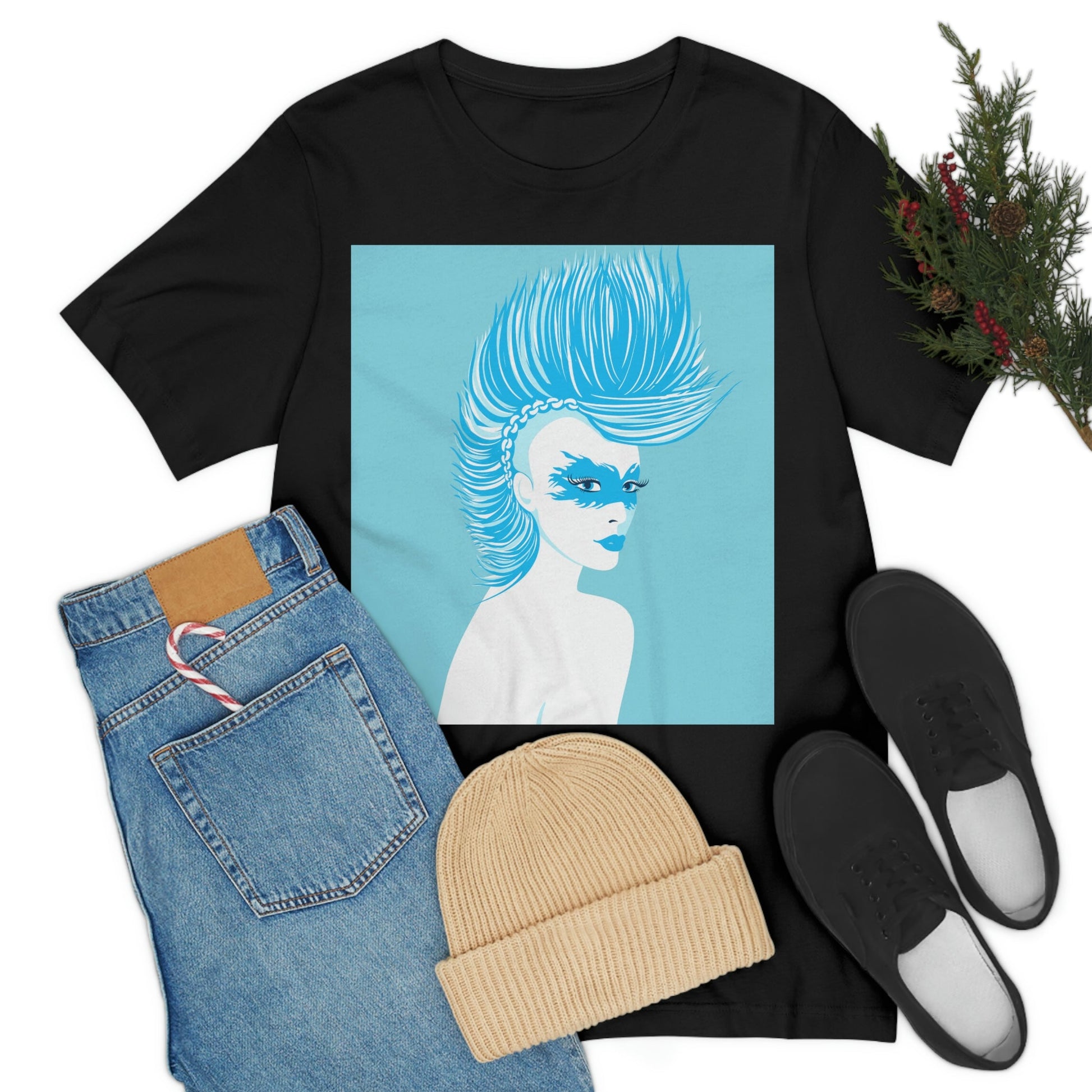 Blue Punk Woman Art Unique Edgy Graphic Unisex Jersey Short Sleeve T-Shirt Ichaku [Perfect Gifts Selection]