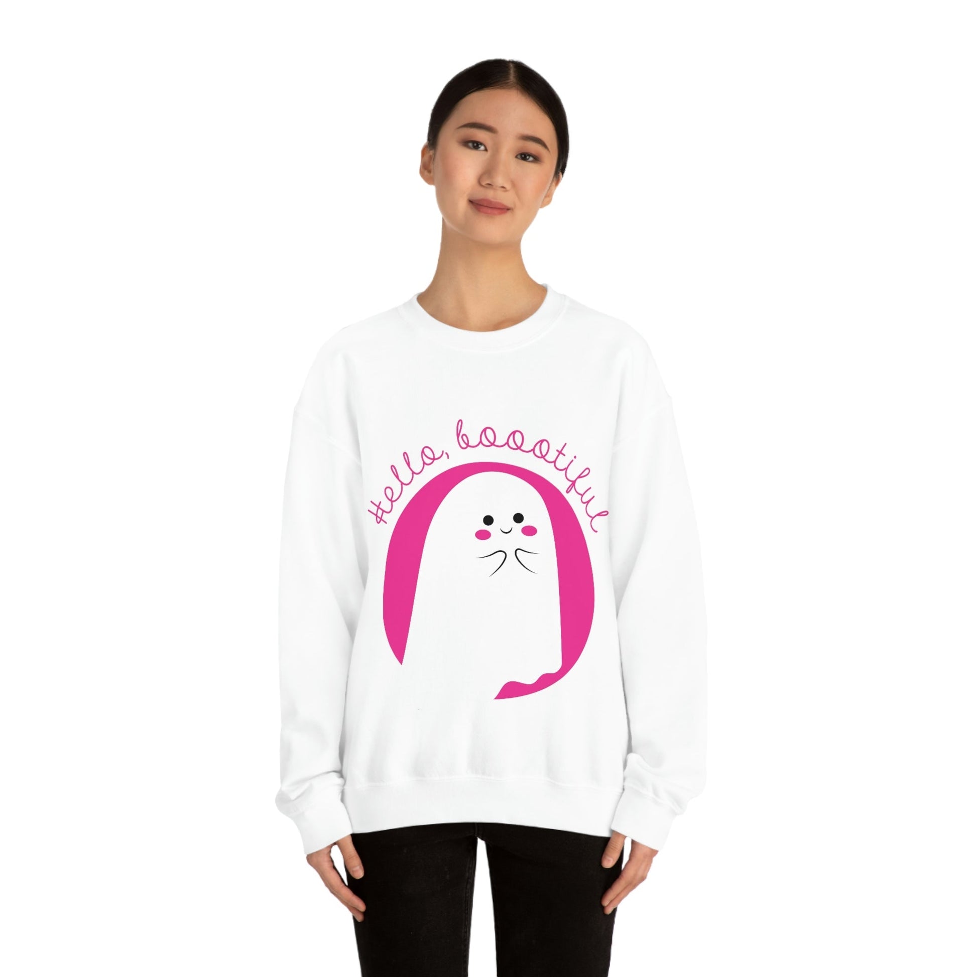 Boo Halloween White Cute Ghost Unisex Heavy Blend™ Crewneck Sweatshirt Ichaku [Perfect Gifts Selection]