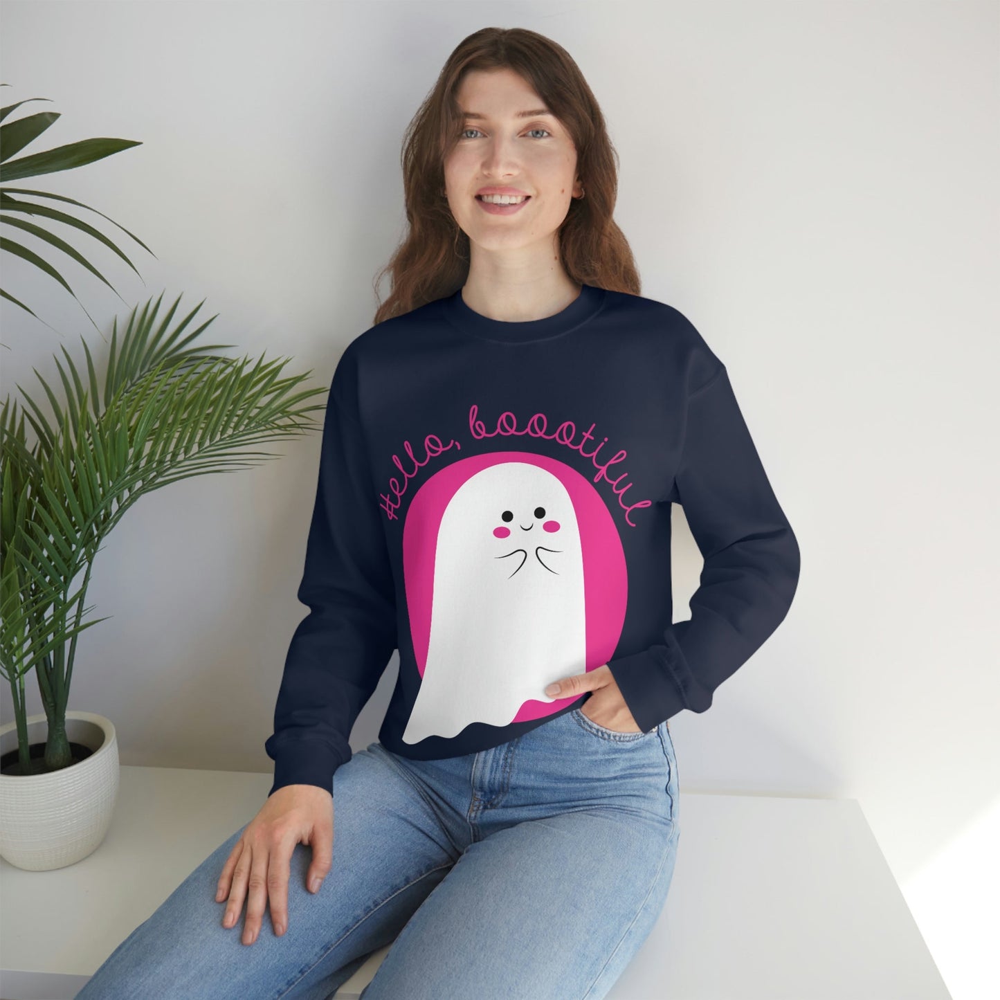 Boo Halloween White Cute Ghost Unisex Heavy Blend™ Crewneck Sweatshirt Ichaku [Perfect Gifts Selection]