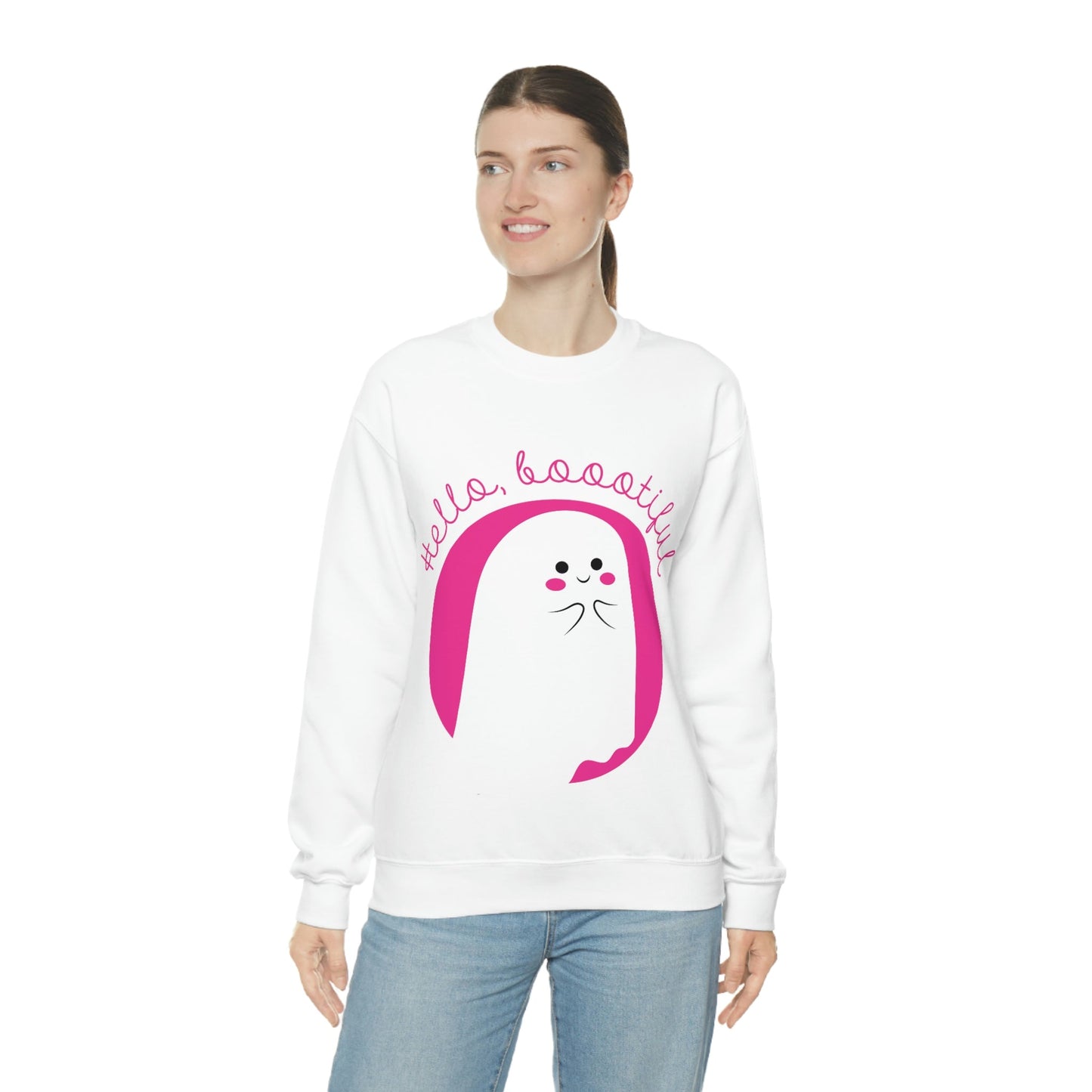 Boo Halloween White Cute Ghost Unisex Heavy Blend™ Crewneck Sweatshirt Ichaku [Perfect Gifts Selection]