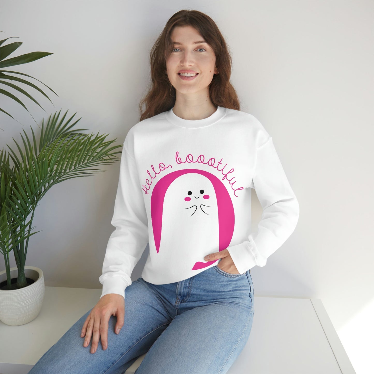 Boo Halloween White Cute Ghost Unisex Heavy Blend™ Crewneck Sweatshirt Ichaku [Perfect Gifts Selection]