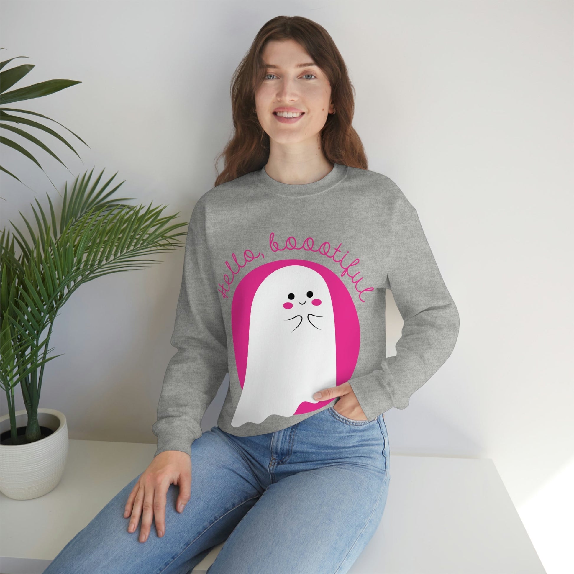 Boo Halloween White Cute Ghost Unisex Heavy Blend™ Crewneck Sweatshirt Ichaku [Perfect Gifts Selection]