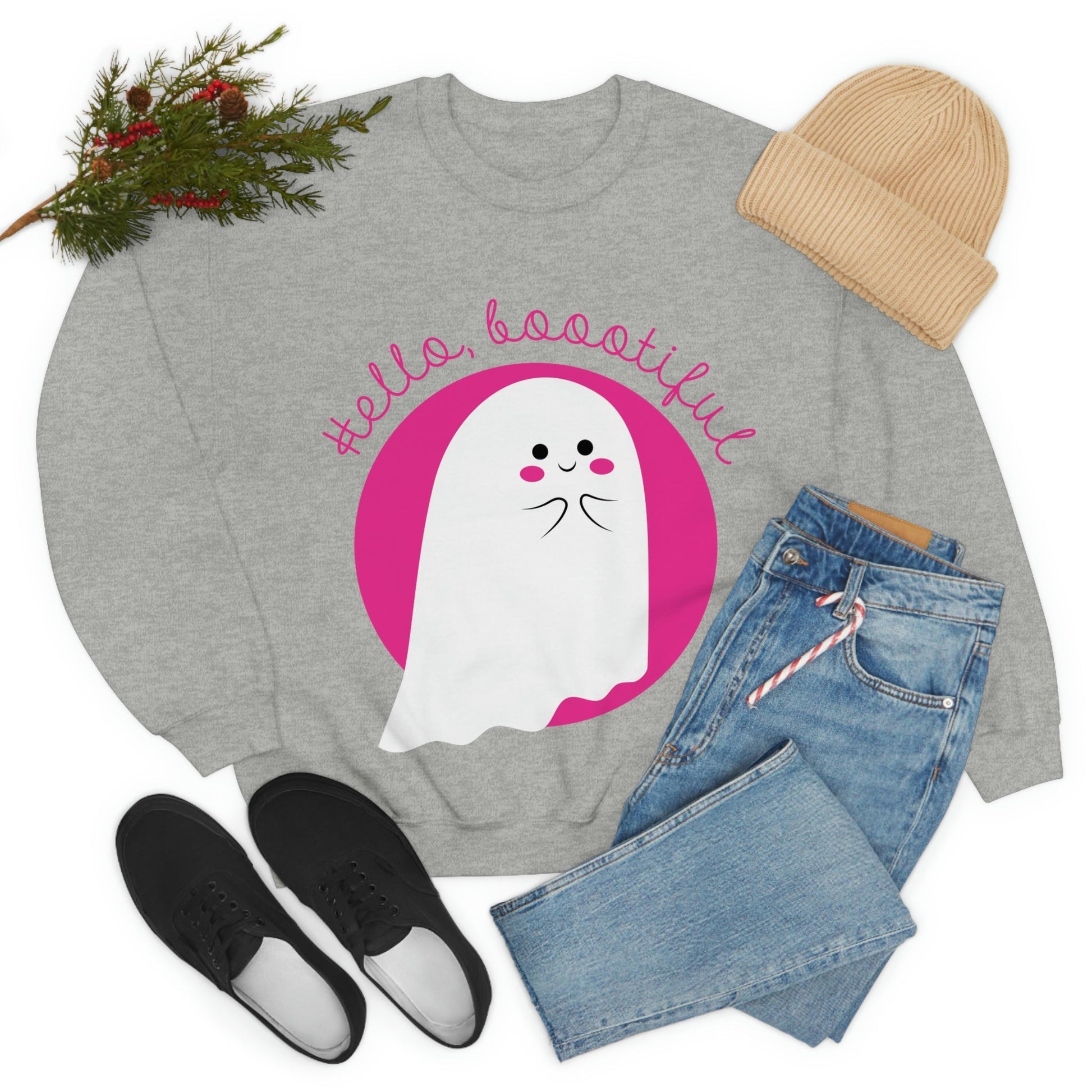 Boo Halloween White Cute Ghost Unisex Heavy Blend™ Crewneck Sweatshirt Ichaku [Perfect Gifts Selection]