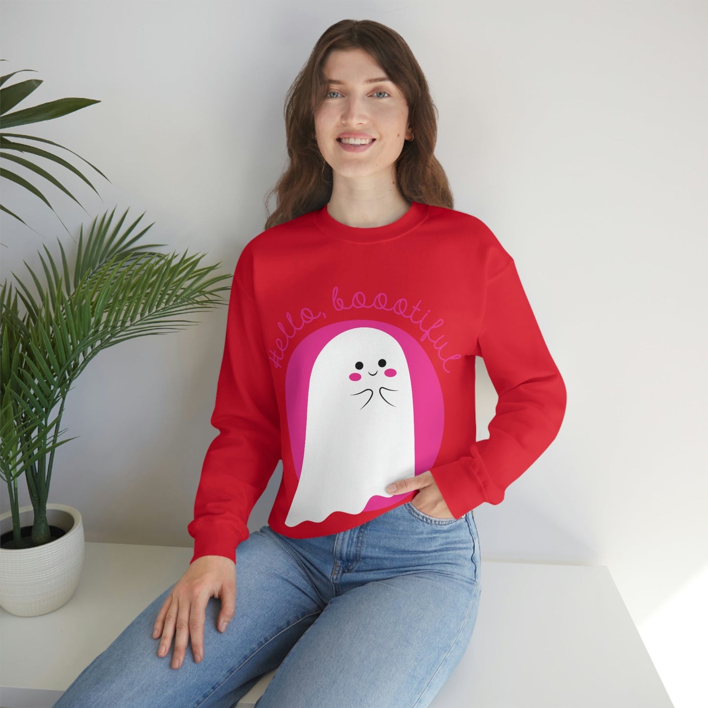 Boo Halloween White Cute Ghost Unisex Heavy Blend™ Crewneck Sweatshirt Ichaku [Perfect Gifts Selection]