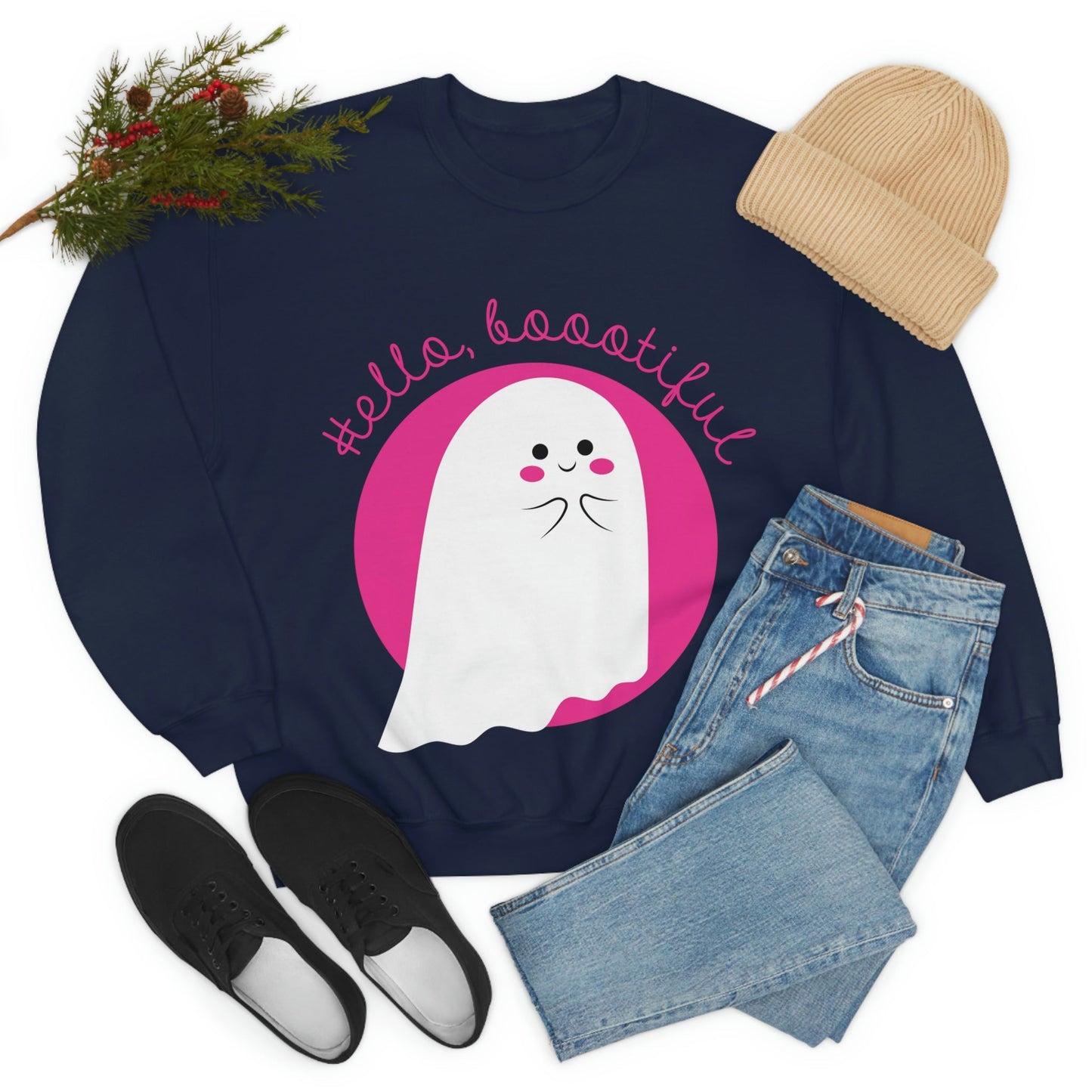 Boo Halloween White Cute Ghost Unisex Heavy Blend™ Crewneck Sweatshirt Ichaku [Perfect Gifts Selection]