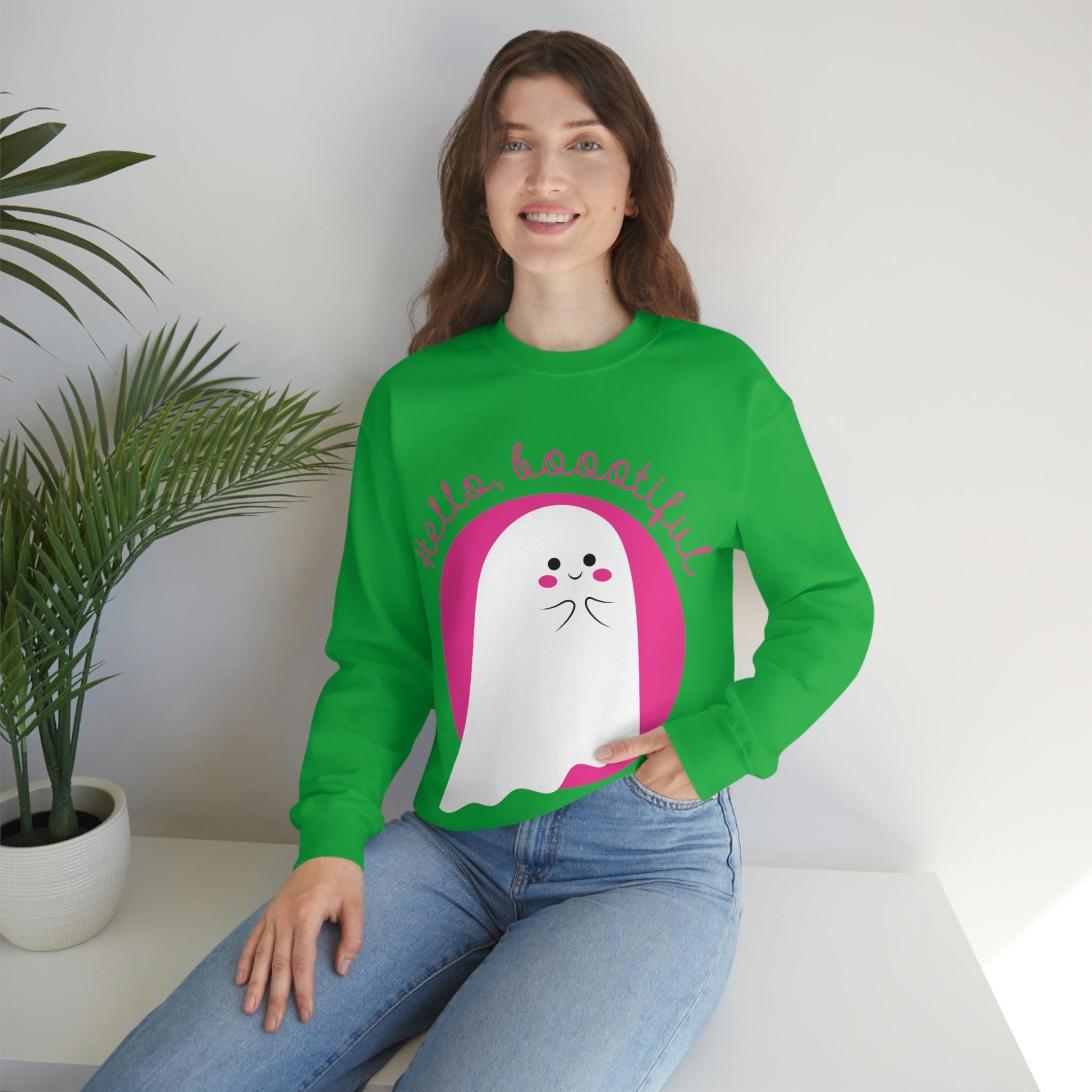 Boo Halloween White Cute Ghost Unisex Heavy Blend™ Crewneck Sweatshirt Ichaku [Perfect Gifts Selection]