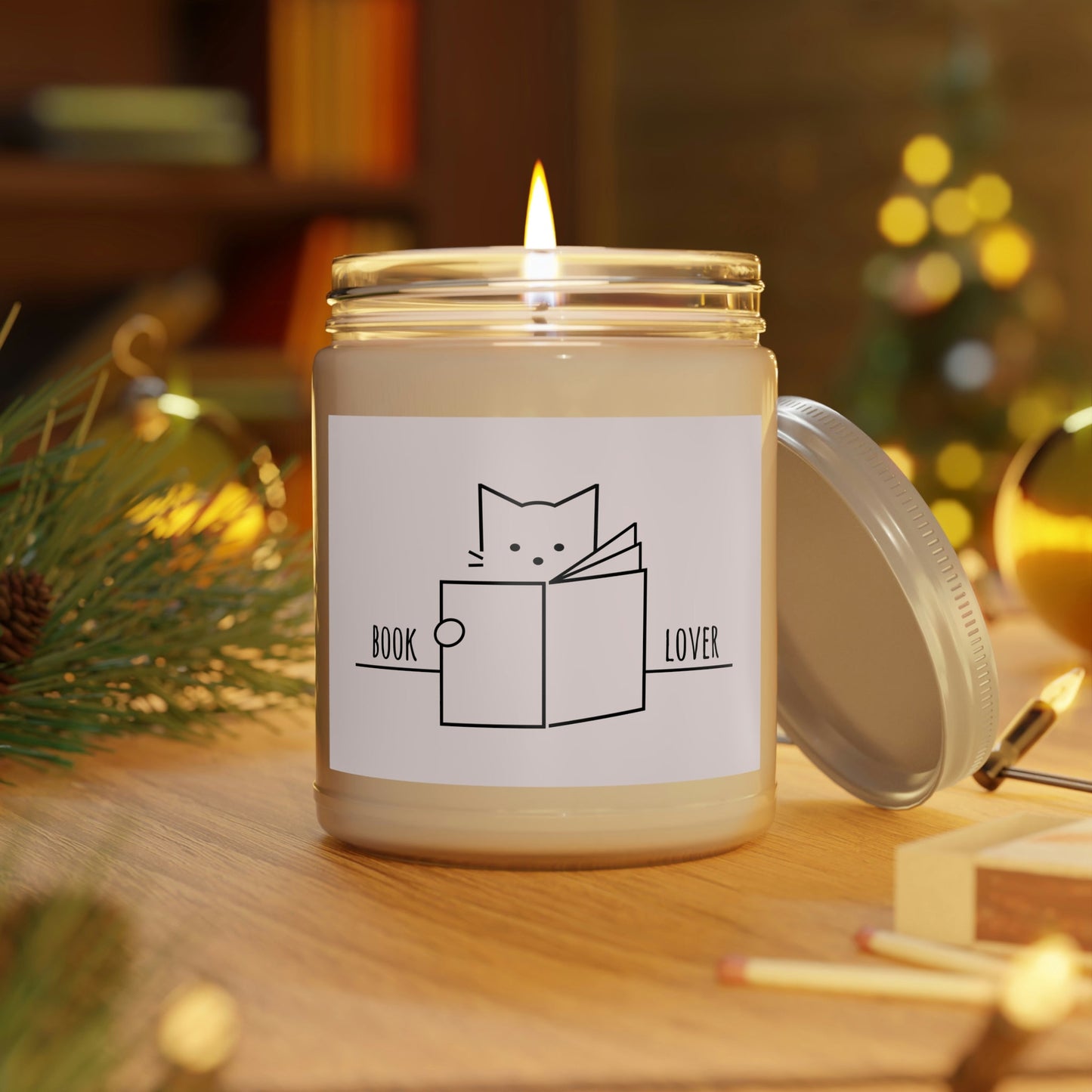 Book Lover Cute Cat Reading Club Beige Art Scented Candle Up to 60hSoy Wax 9oz Ichaku [Perfect Gifts Selection]