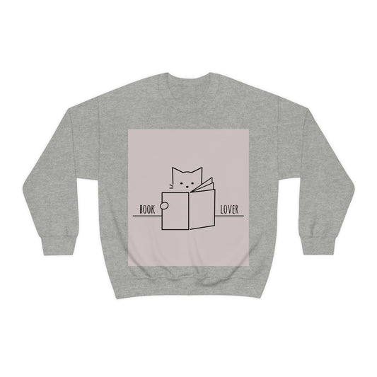 Book Lover Cute Cat Reading Club Beige Art Unisex Heavy Blend™ Crewneck Sweatshirt Ichaku [Perfect Gifts Selection]