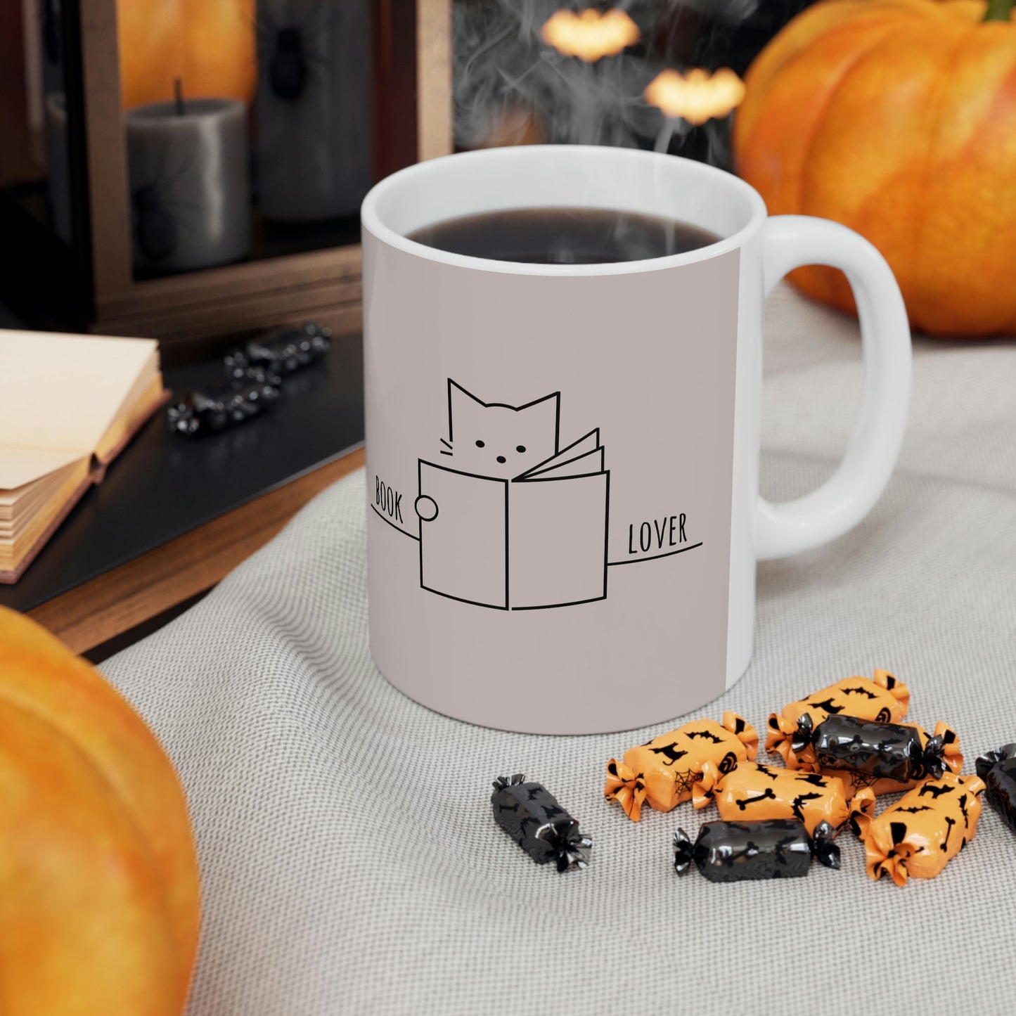 Book Lover Cute Cat Reading Club Beige Ceramic Mug 11oz Ichaku [Perfect Gifts Selection]