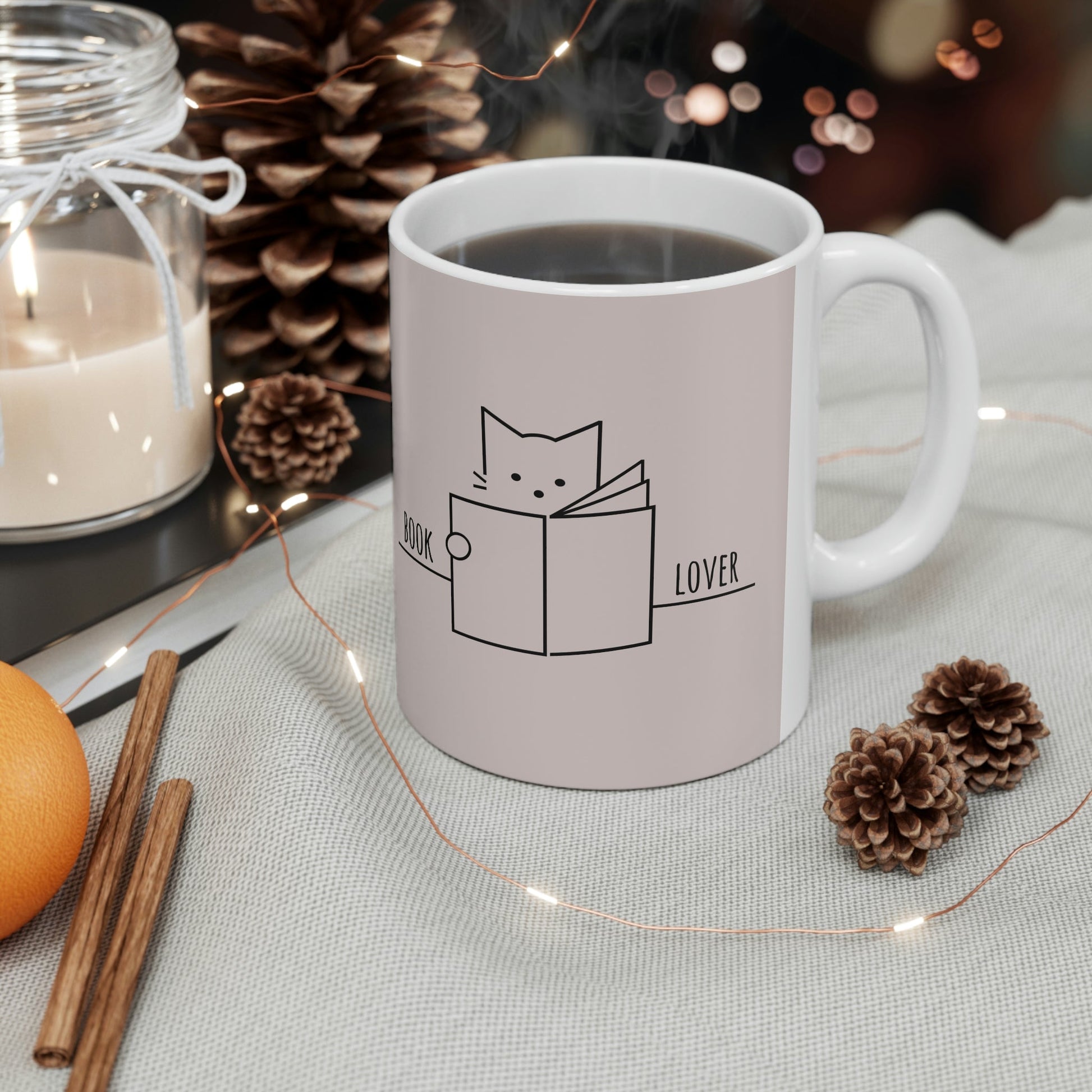 Book Lover Cute Cat Reading Club Beige Ceramic Mug 11oz Ichaku [Perfect Gifts Selection]