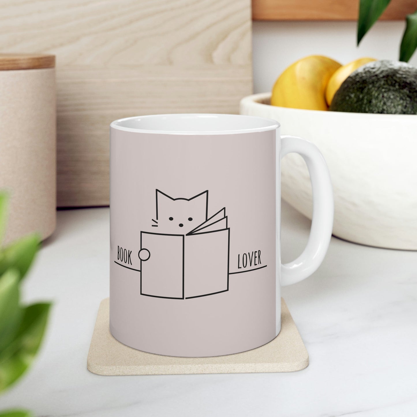 Book Lover Cute Cat Reading Club Beige Ceramic Mug 11oz Ichaku [Perfect Gifts Selection]