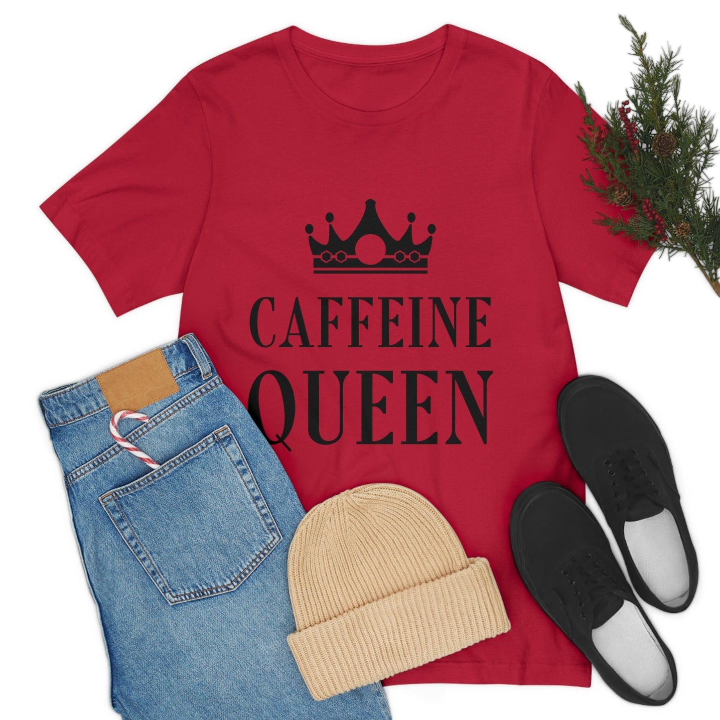 Caffeine Queen Quotes Coffee Lovers Typography Unisex Jersey Short Sleeve T-Shirt Ichaku [Perfect Gifts Selection]