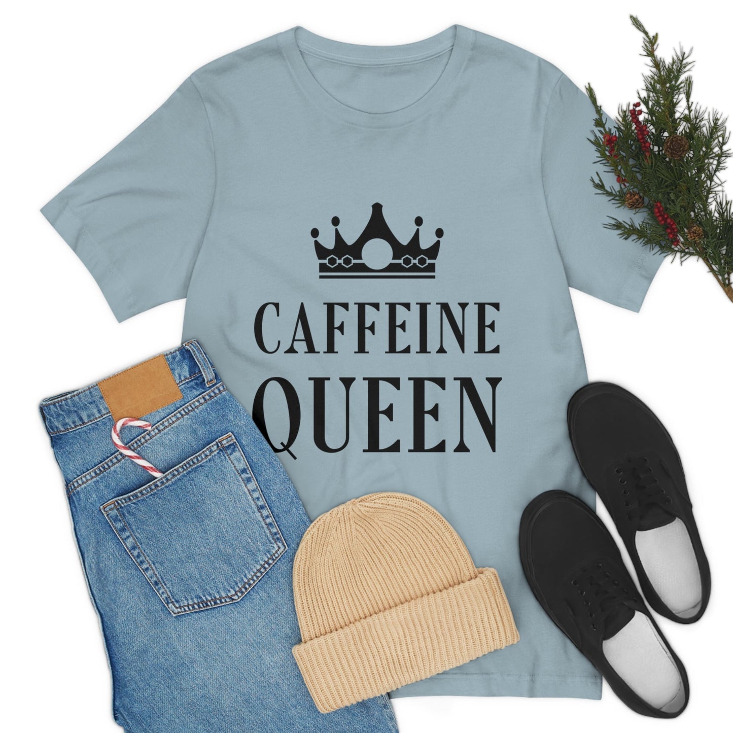 Caffeine Queen Quotes Coffee Lovers Typography Unisex Jersey Short Sleeve T-Shirt Ichaku [Perfect Gifts Selection]