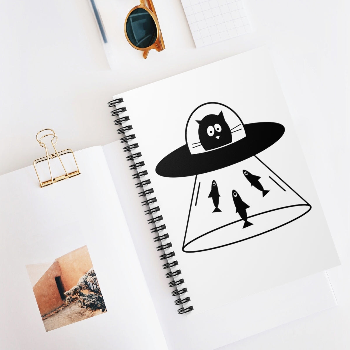 Cat Fishing Aliens Hunting Funny UFO Arrival Cartoon Spiral Notebook - Ruled Line Ichaku [Perfect Gifts Selection]