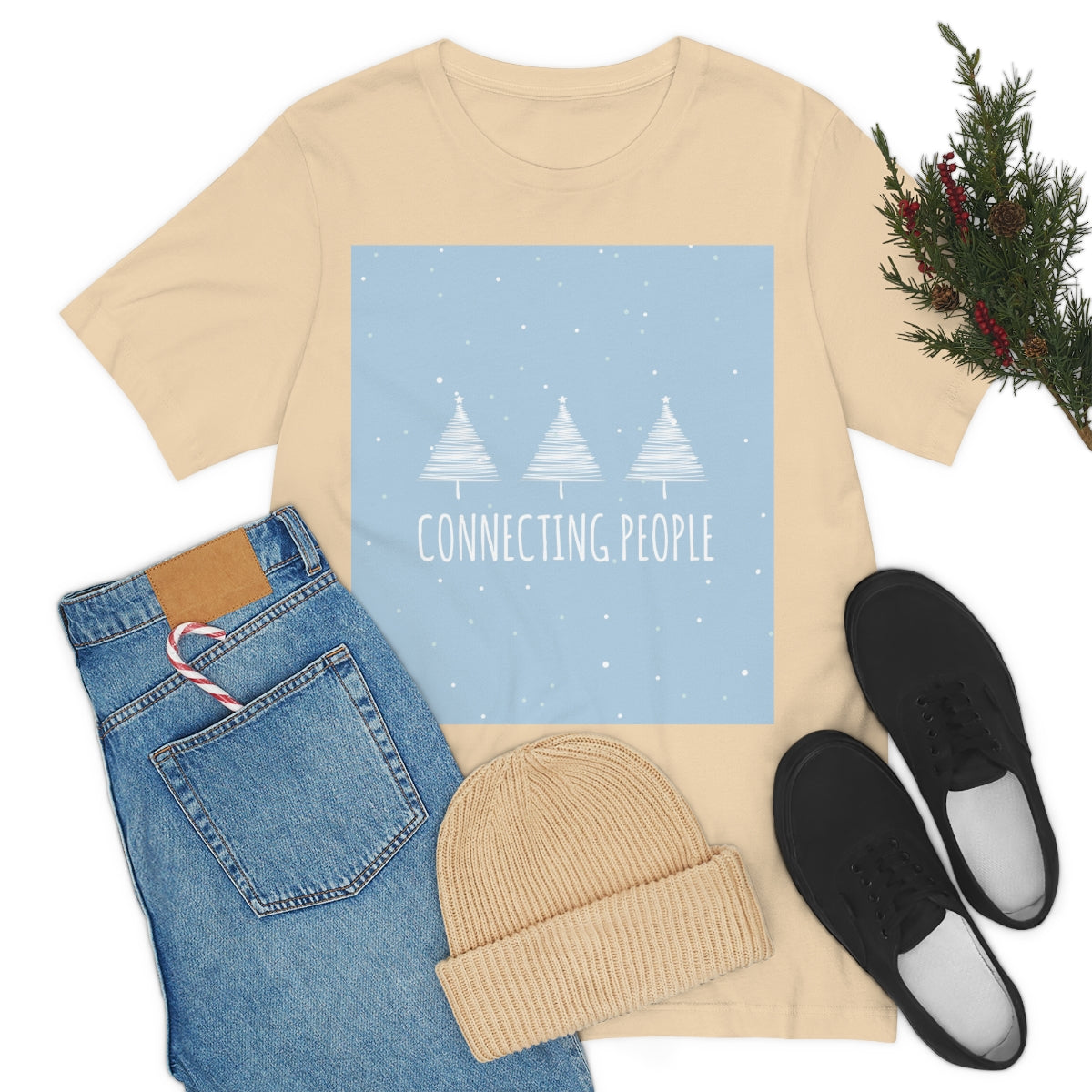 Christmas Tree Connecting People Happy New Year Winter Slogans Unisex Jersey Short Sleeve T-Shirt Ichaku [Perfect Gifts Selection]