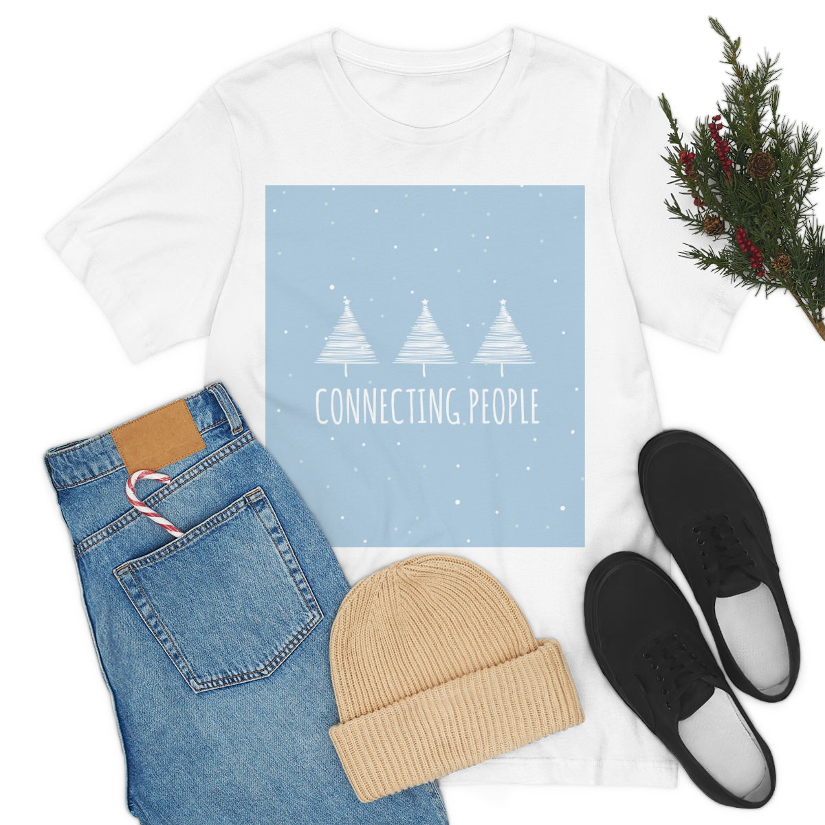 Christmas Tree Connecting People Happy New Year Winter Slogans Unisex Jersey Short Sleeve T-Shirt Ichaku [Perfect Gifts Selection]