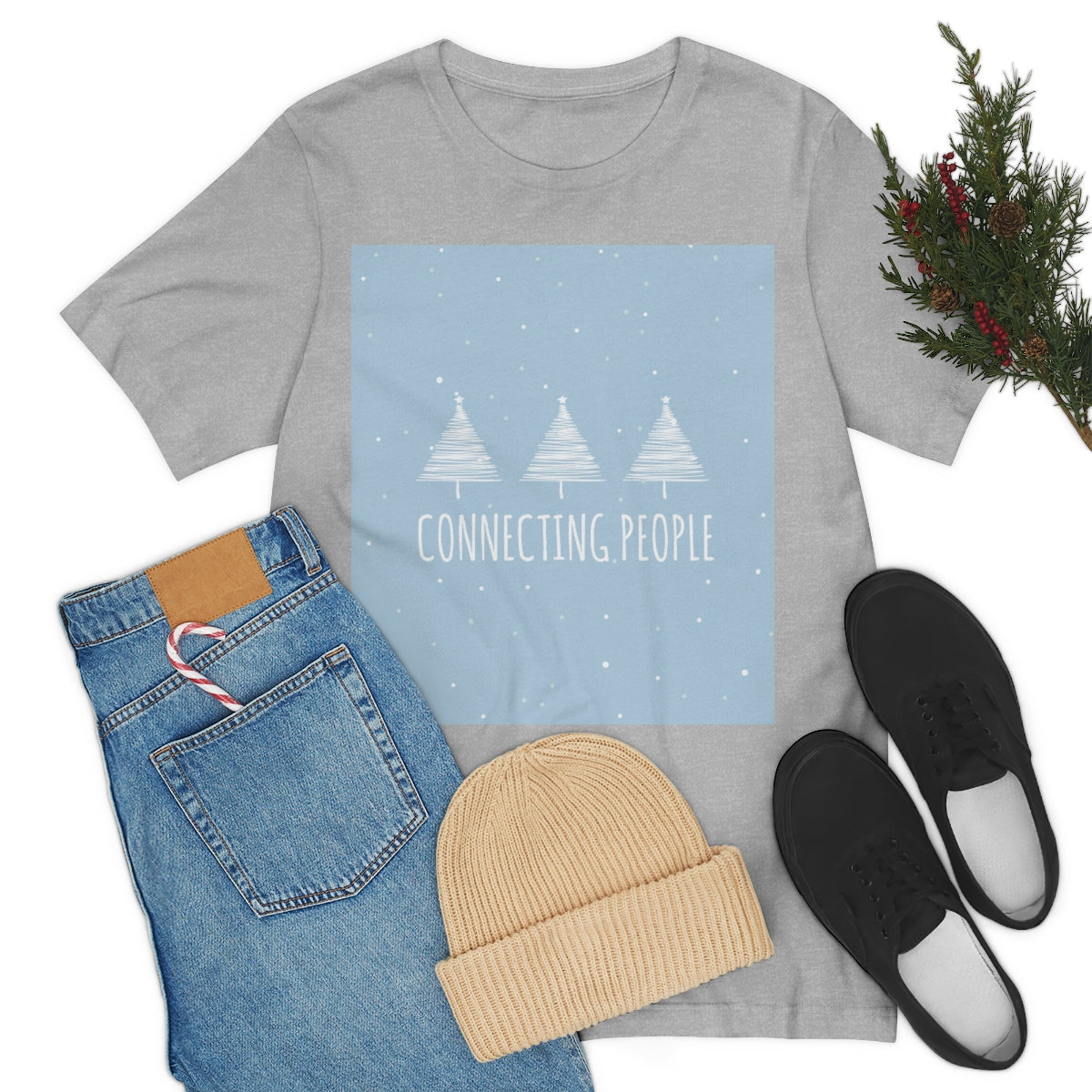 Christmas Tree Connecting People Happy New Year Winter Slogans Unisex Jersey Short Sleeve T-Shirt Ichaku [Perfect Gifts Selection]