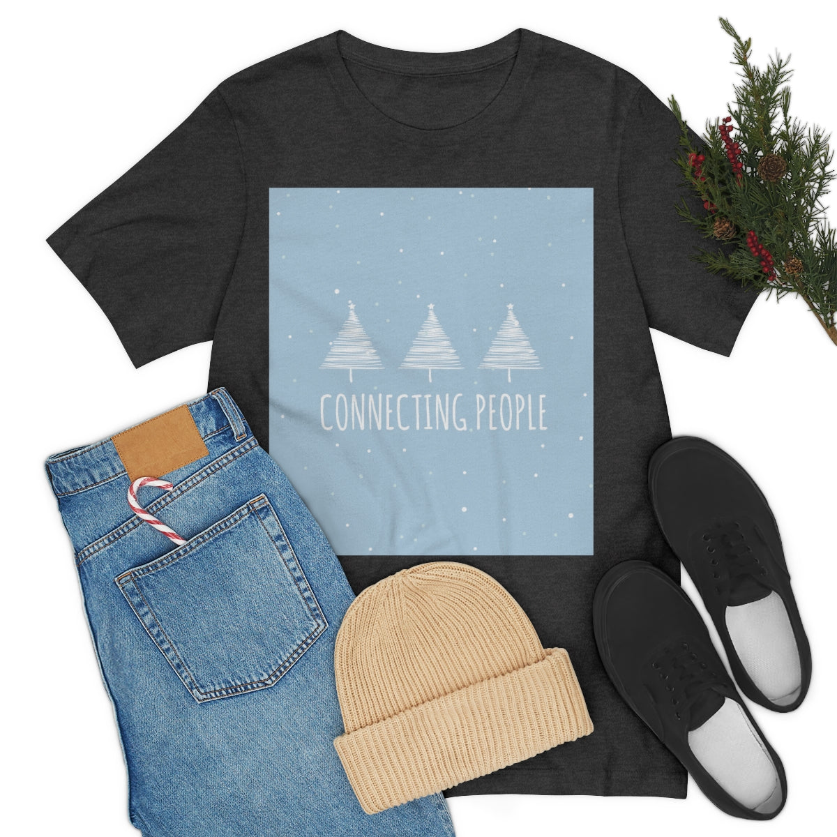 Christmas Tree Connecting People Happy New Year Winter Slogans Unisex Jersey Short Sleeve T-Shirt Ichaku [Perfect Gifts Selection]