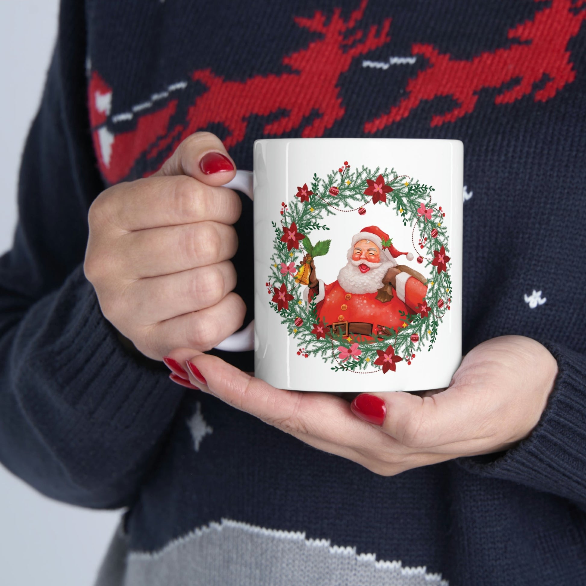 Christmas Wreath Santa Claus Traditional Ceramic Mug 11oz Ichaku [Perfect Gifts Selection]