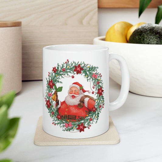 Christmas Wreath Santa Claus Traditional Ceramic Mug 11oz Ichaku [Perfect Gifts Selection]