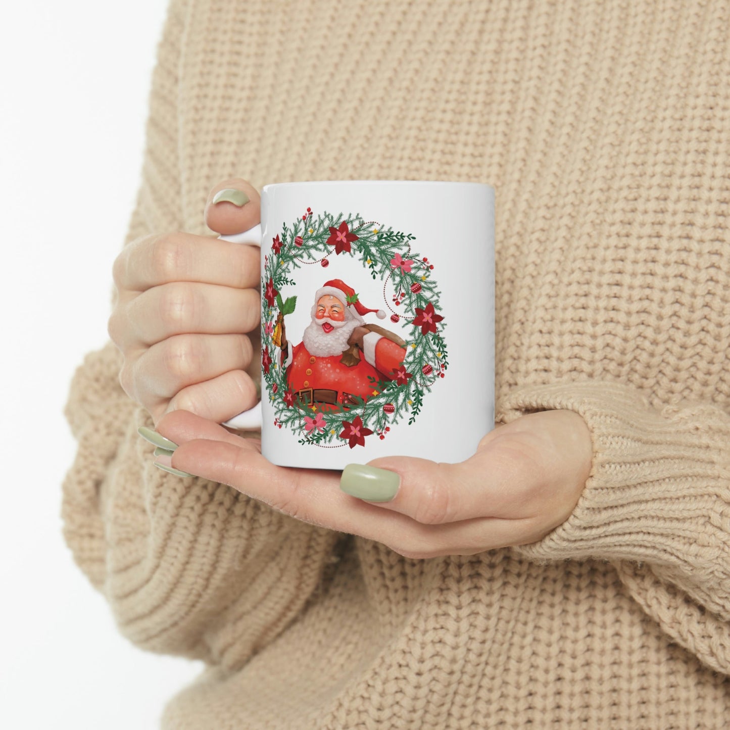 Christmas Wreath Santa Claus Traditional Ceramic Mug 11oz Ichaku [Perfect Gifts Selection]