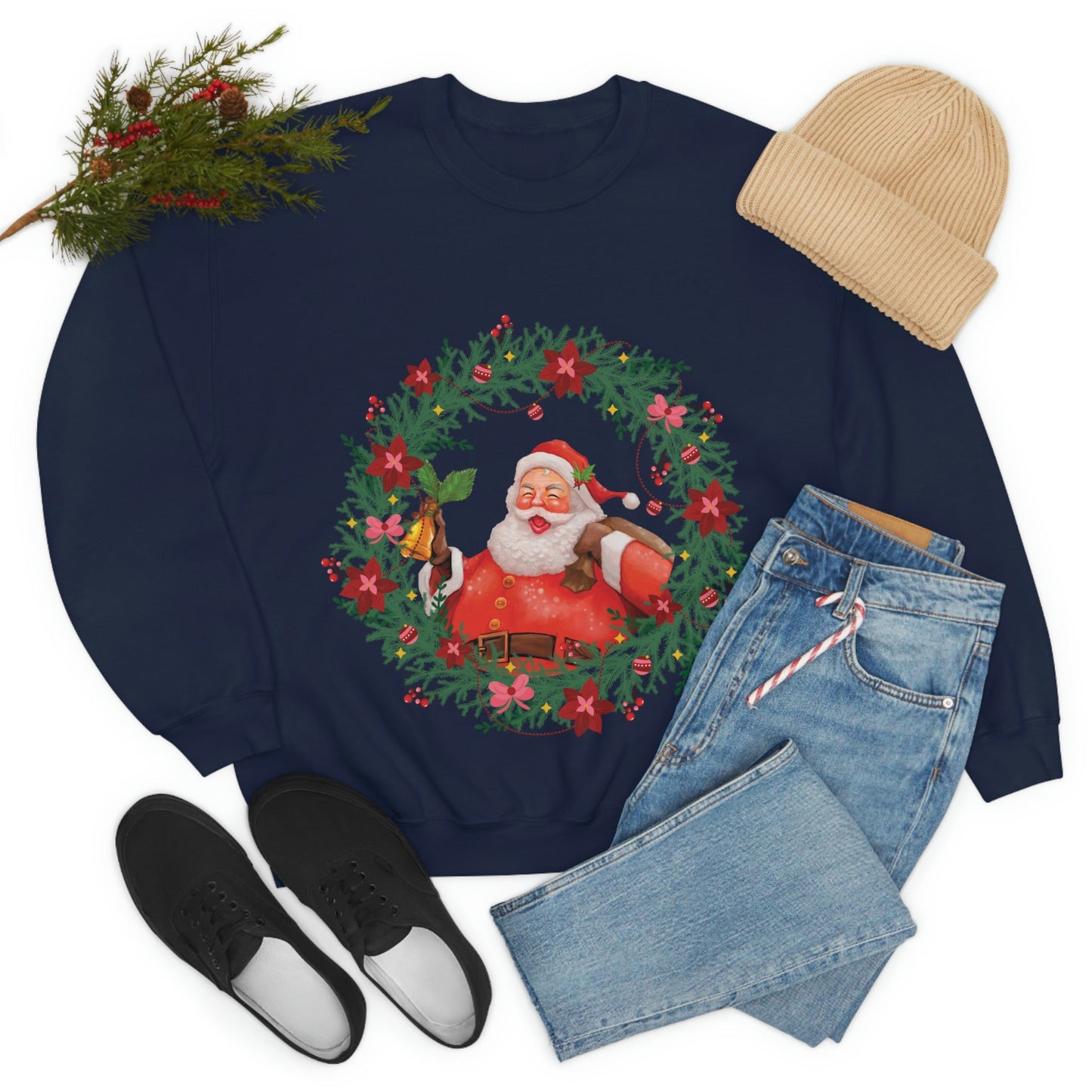 Christmas Wreath Santa Claus Traditional Unisex Heavy Blend™ Crewneck Sweatshirt Ichaku [Perfect Gifts Selection]