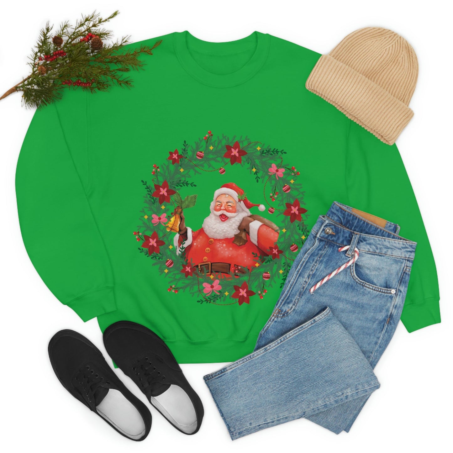 Christmas Wreath Santa Claus Traditional Unisex Heavy Blend™ Crewneck Sweatshirt Ichaku [Perfect Gifts Selection]