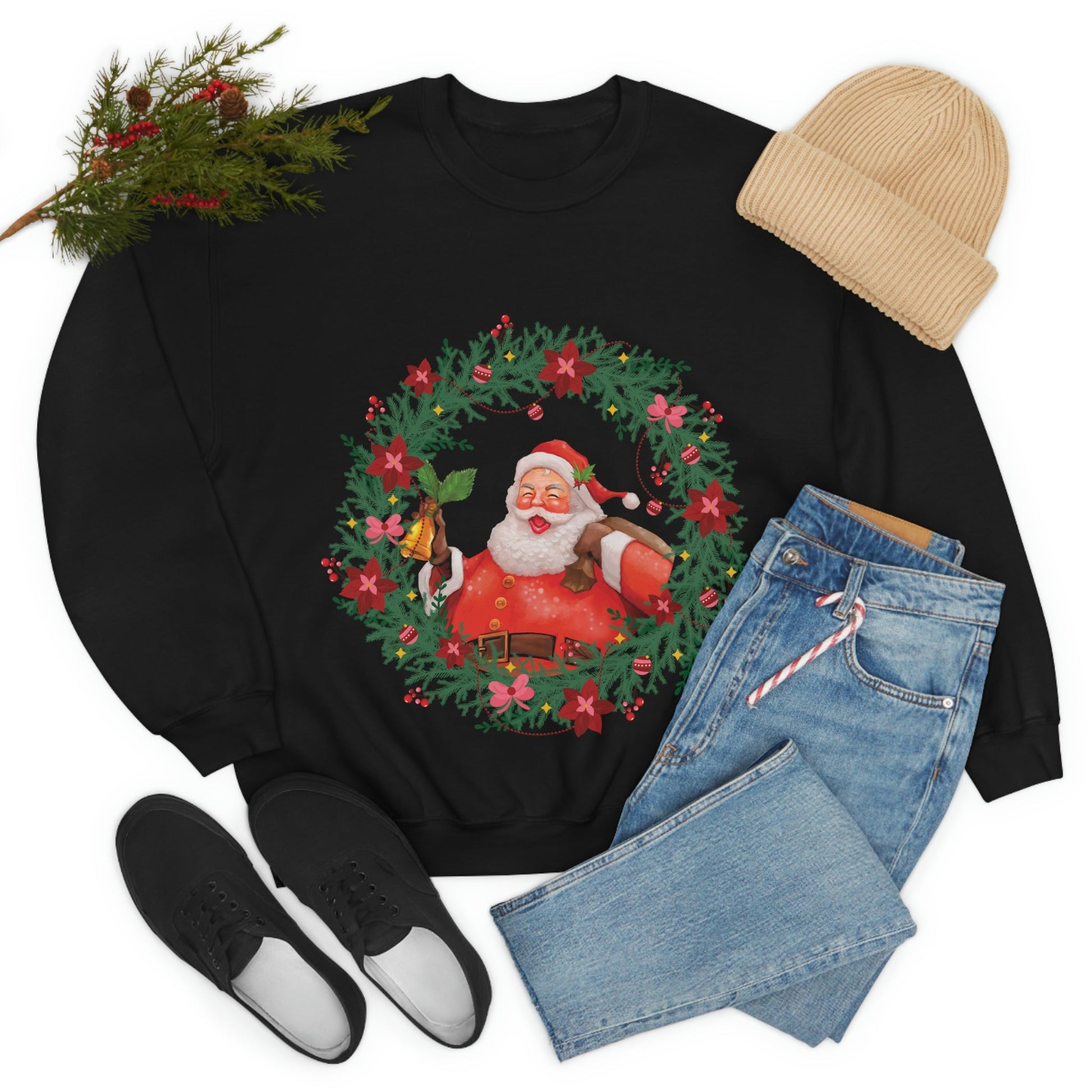 Christmas Wreath Santa Claus Traditional Unisex Heavy Blend™ Crewneck Sweatshirt Ichaku [Perfect Gifts Selection]