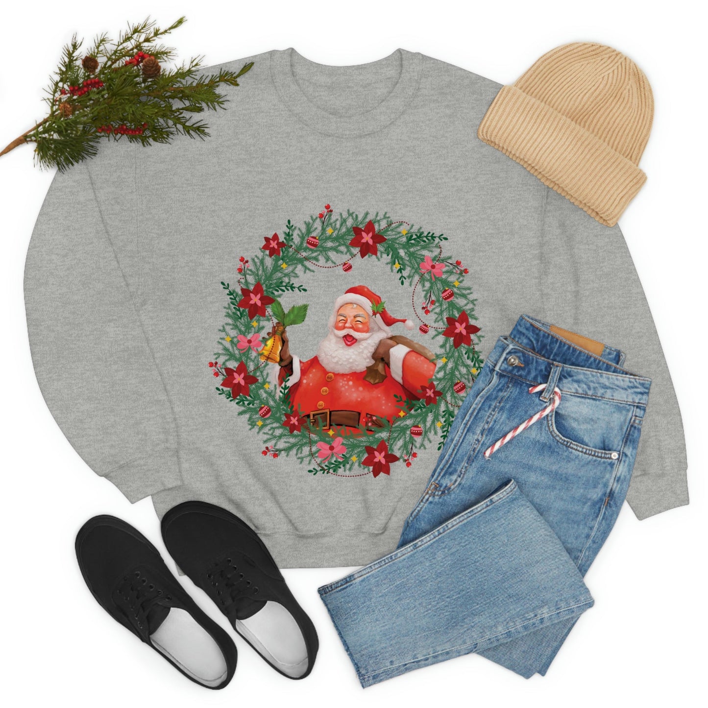 Christmas Wreath Santa Claus Traditional Unisex Heavy Blend™ Crewneck Sweatshirt Ichaku [Perfect Gifts Selection]