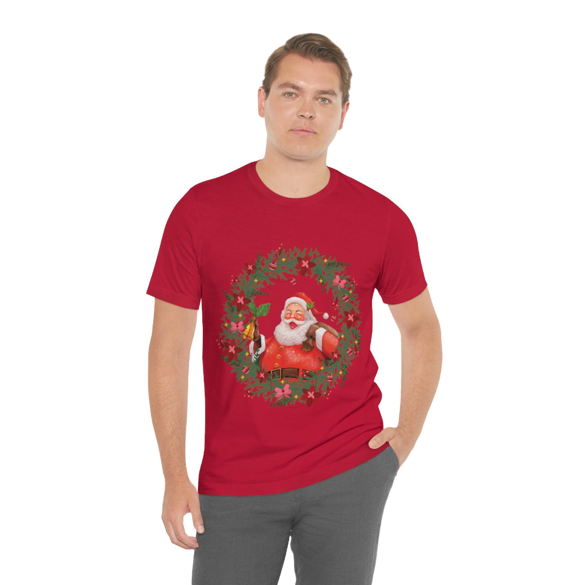 Christmas Wreath Santa Claus Traditional Unisex Jersey Short Sleeve T-Shirt Ichaku [Perfect Gifts Selection]