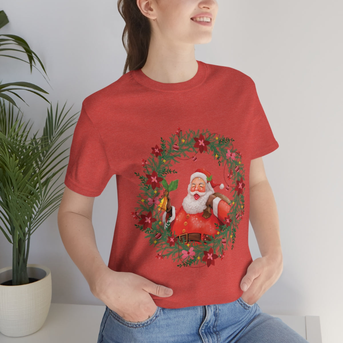 Christmas Wreath Santa Claus Traditional Unisex Jersey Short Sleeve T-Shirt Ichaku [Perfect Gifts Selection]