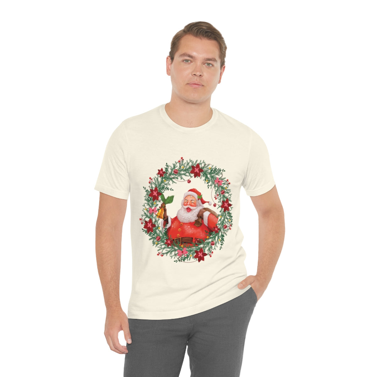 Christmas Wreath Santa Claus Traditional Unisex Jersey Short Sleeve T-Shirt Ichaku [Perfect Gifts Selection]