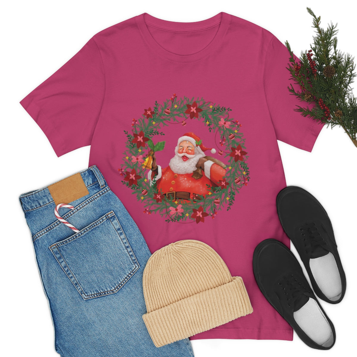 Christmas Wreath Santa Claus Traditional Unisex Jersey Short Sleeve T-Shirt Ichaku [Perfect Gifts Selection]