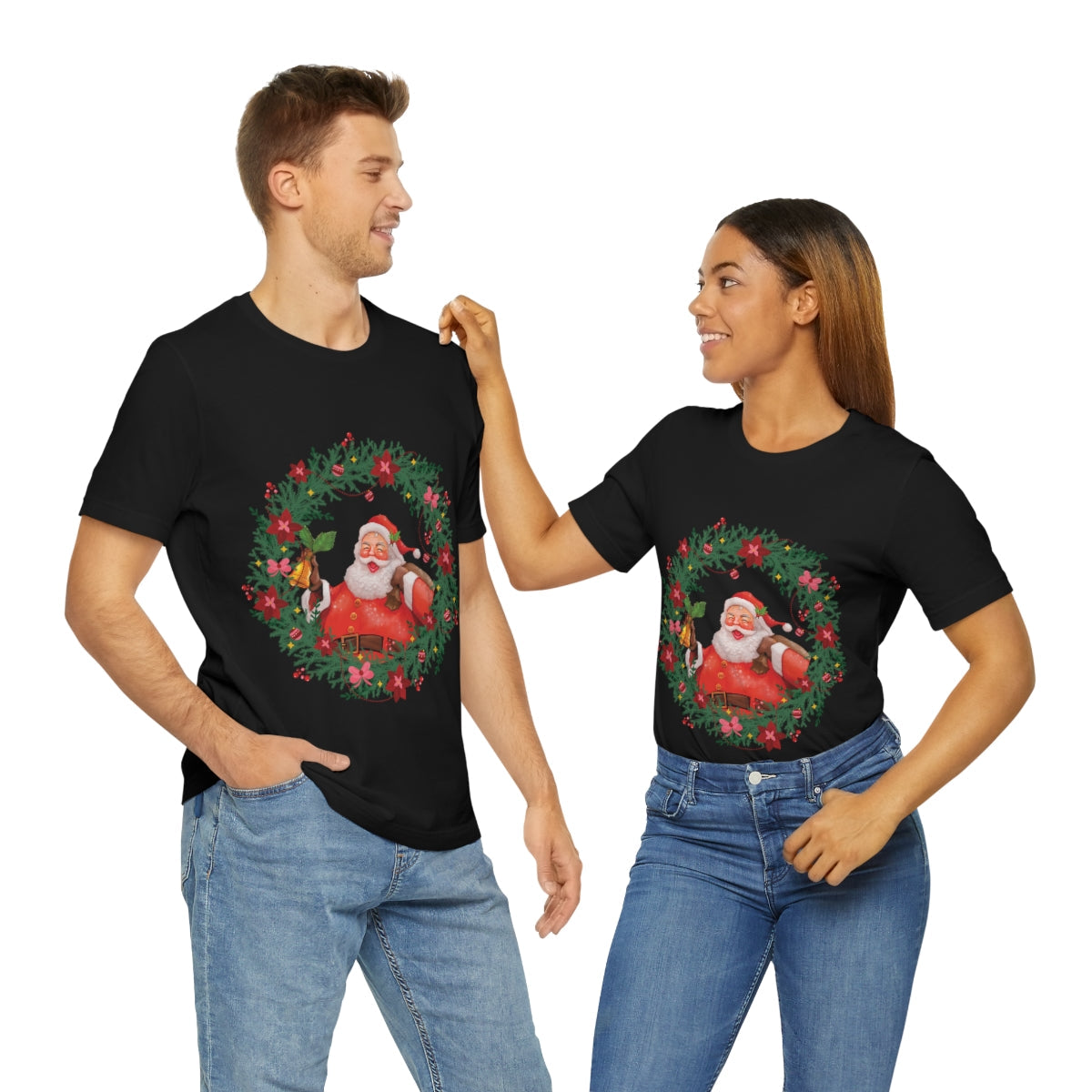 Christmas Wreath Santa Claus Traditional Unisex Jersey Short Sleeve T-Shirt Ichaku [Perfect Gifts Selection]