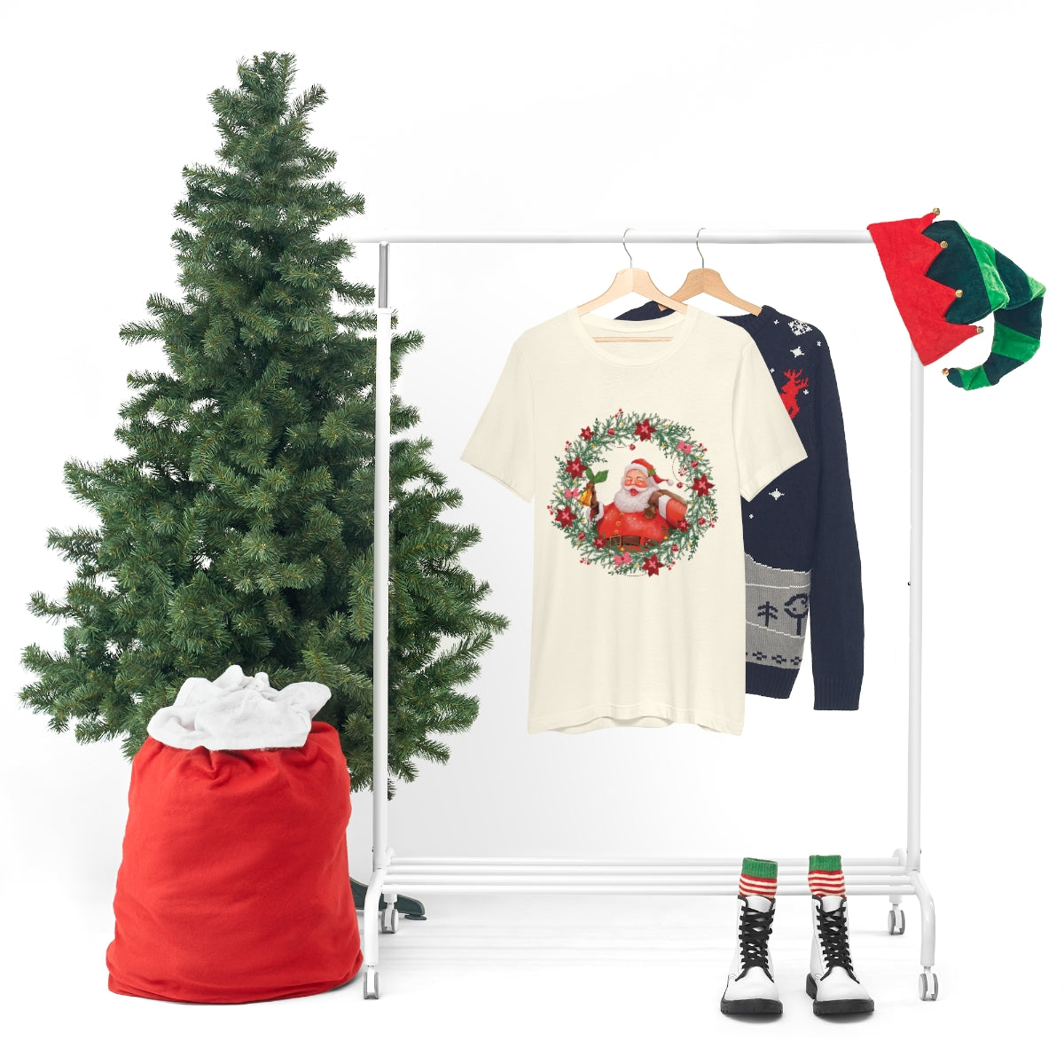 Christmas Wreath Santa Claus Traditional Unisex Jersey Short Sleeve T-Shirt Ichaku [Perfect Gifts Selection]