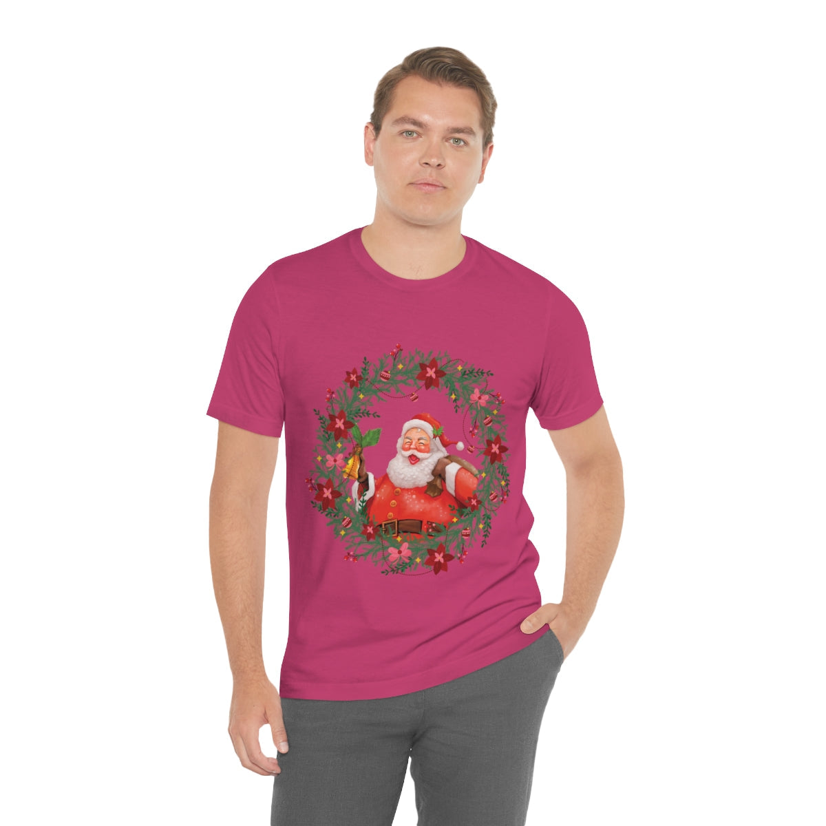 Christmas Wreath Santa Claus Traditional Unisex Jersey Short Sleeve T-Shirt Ichaku [Perfect Gifts Selection]