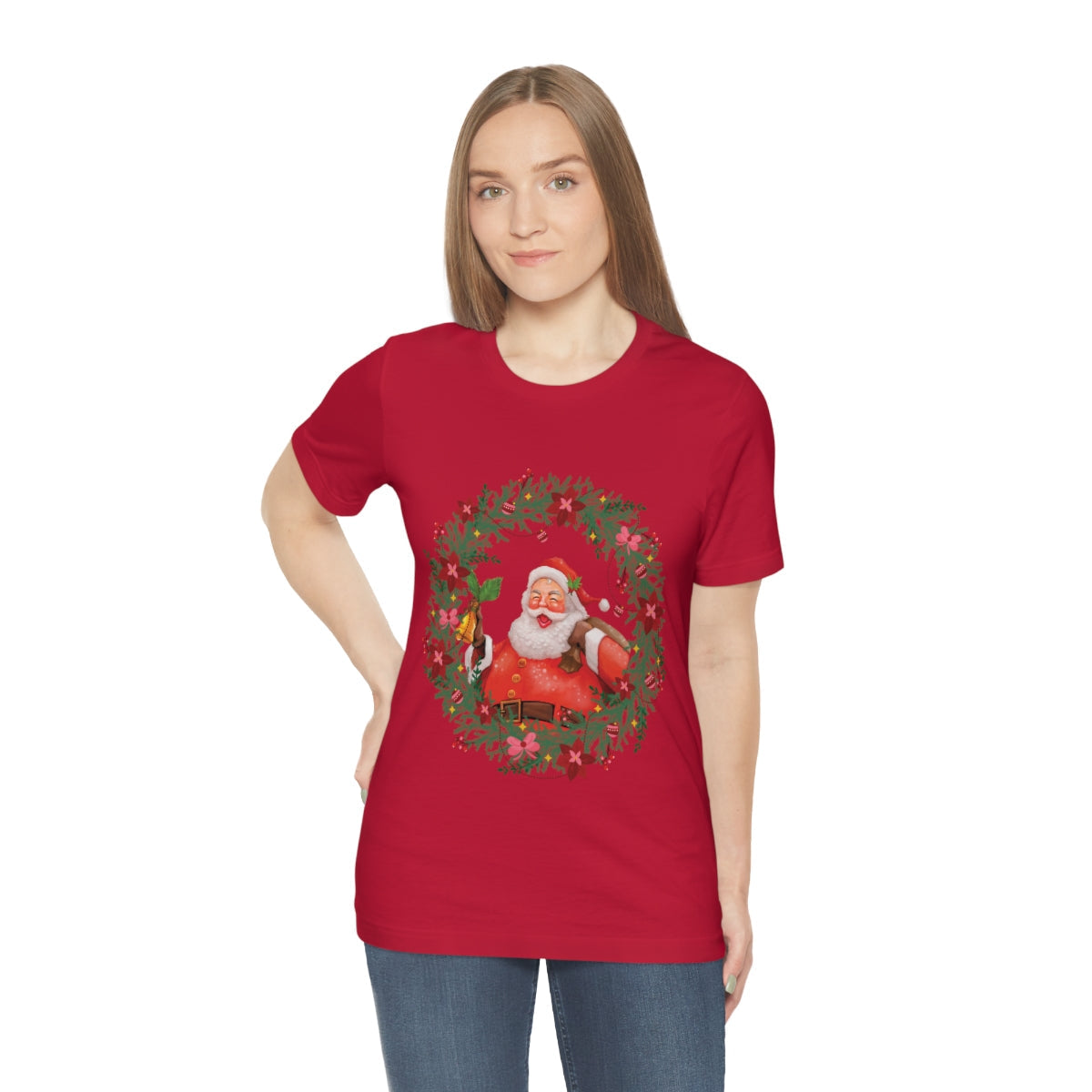 Christmas Wreath Santa Claus Traditional Unisex Jersey Short Sleeve T-Shirt Ichaku [Perfect Gifts Selection]