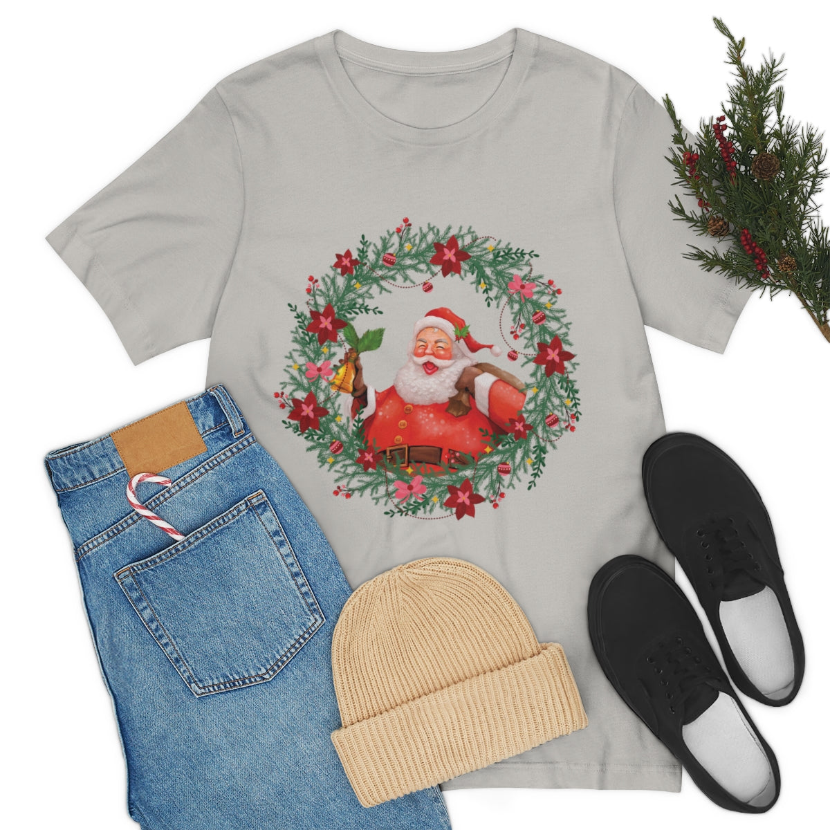 Christmas Wreath Santa Claus Traditional Unisex Jersey Short Sleeve T-Shirt Ichaku [Perfect Gifts Selection]