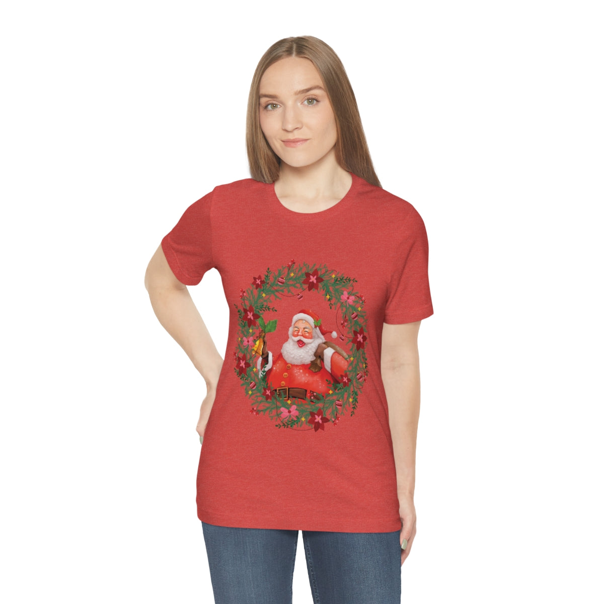 Christmas Wreath Santa Claus Traditional Unisex Jersey Short Sleeve T-Shirt Ichaku [Perfect Gifts Selection]