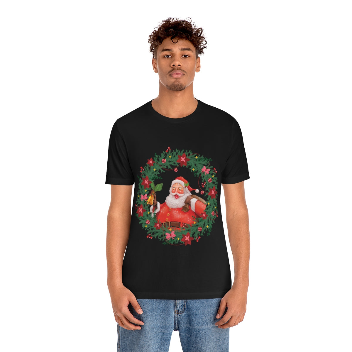 Christmas Wreath Santa Claus Traditional Unisex Jersey Short Sleeve T-Shirt Ichaku [Perfect Gifts Selection]