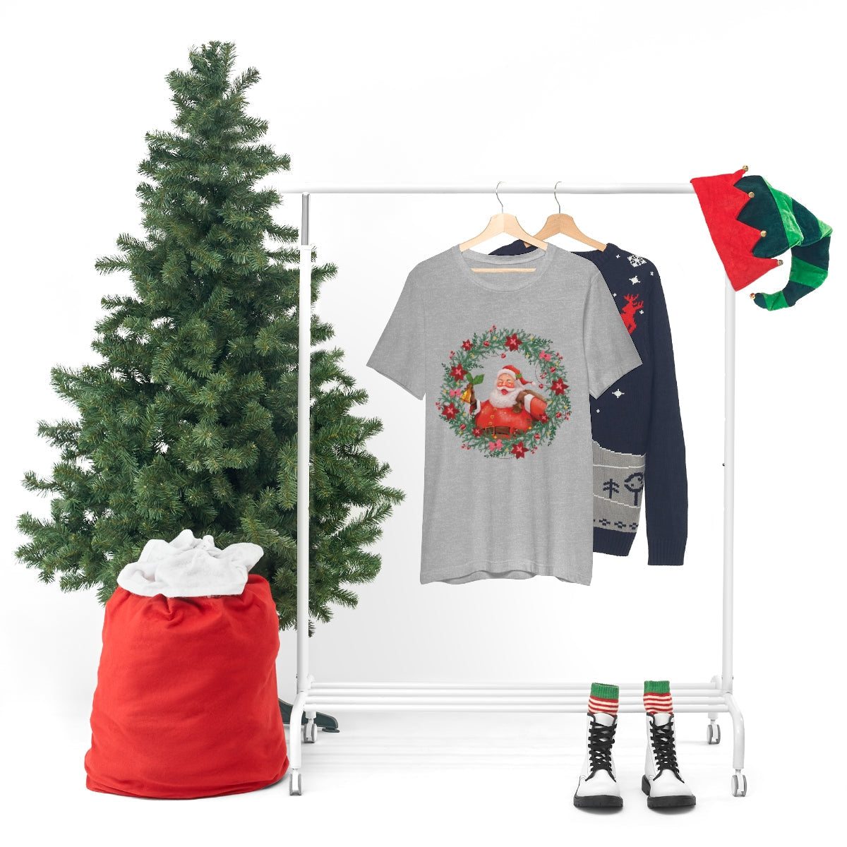 Christmas Wreath Santa Claus Traditional Unisex Jersey Short Sleeve T-Shirt Ichaku [Perfect Gifts Selection]