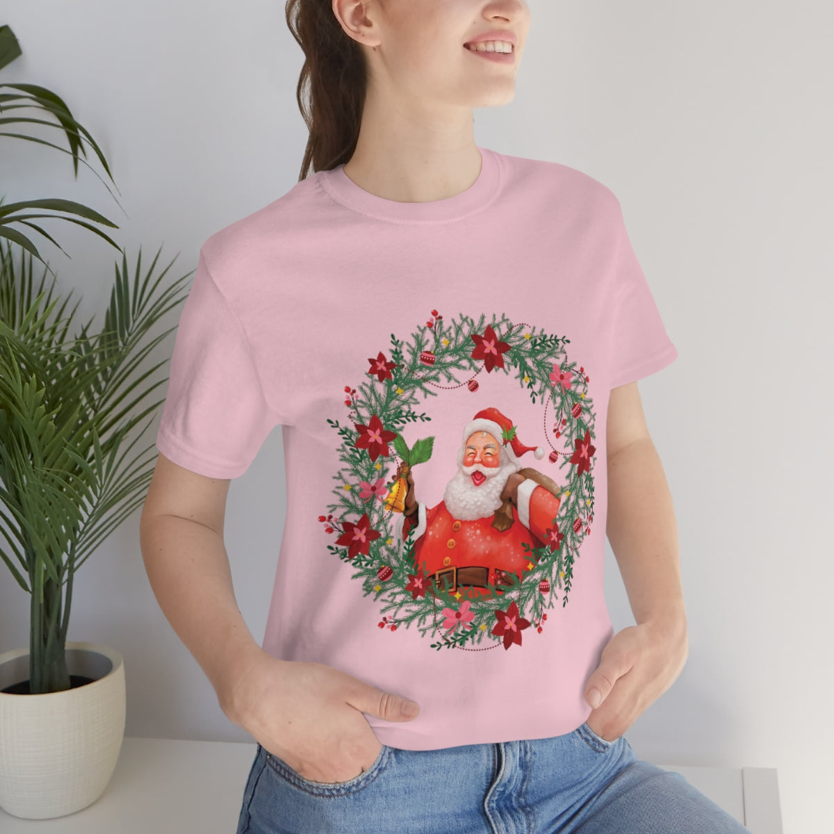 Christmas Wreath Santa Claus Traditional Unisex Jersey Short Sleeve T-Shirt Ichaku [Perfect Gifts Selection]