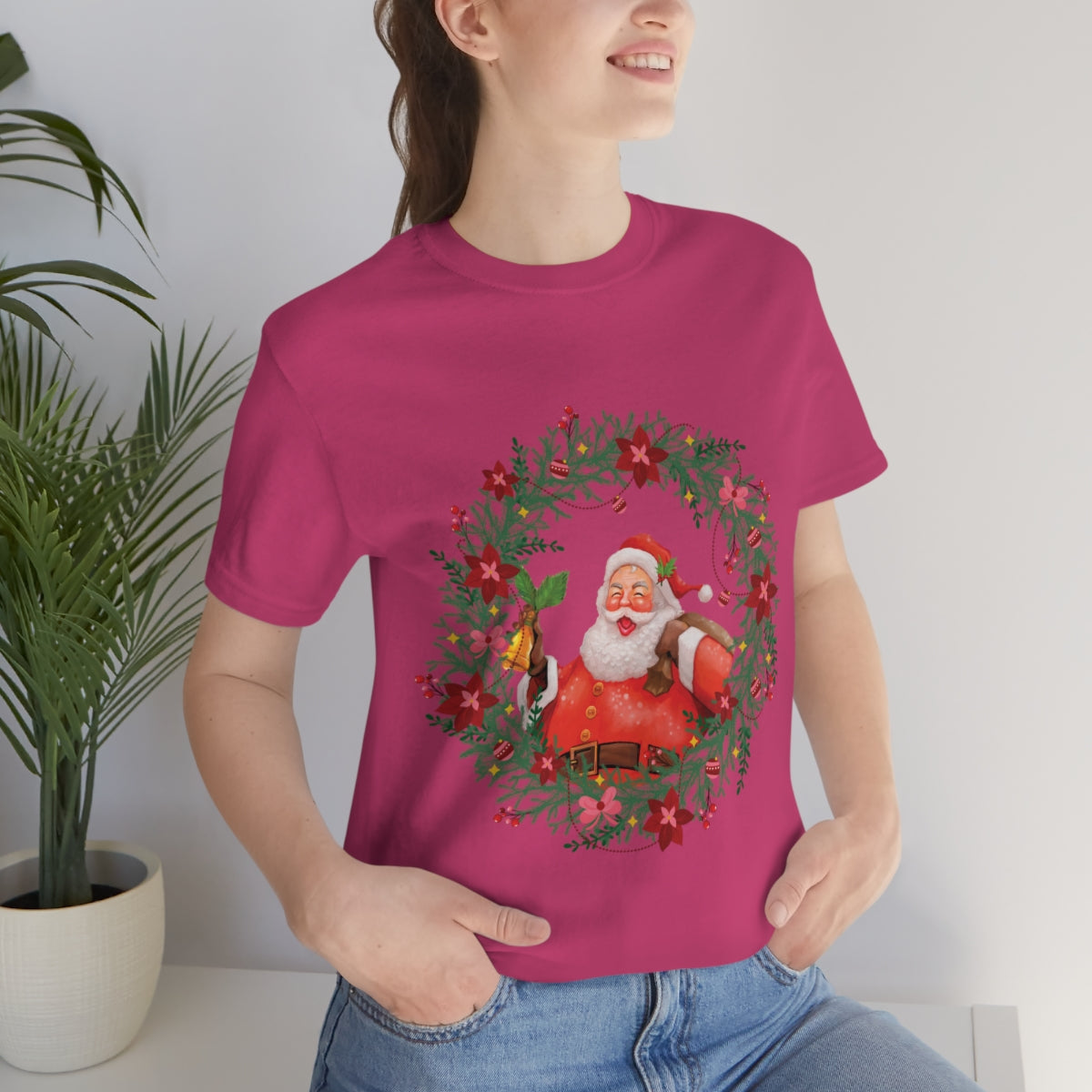 Christmas Wreath Santa Claus Traditional Unisex Jersey Short Sleeve T-Shirt Ichaku [Perfect Gifts Selection]