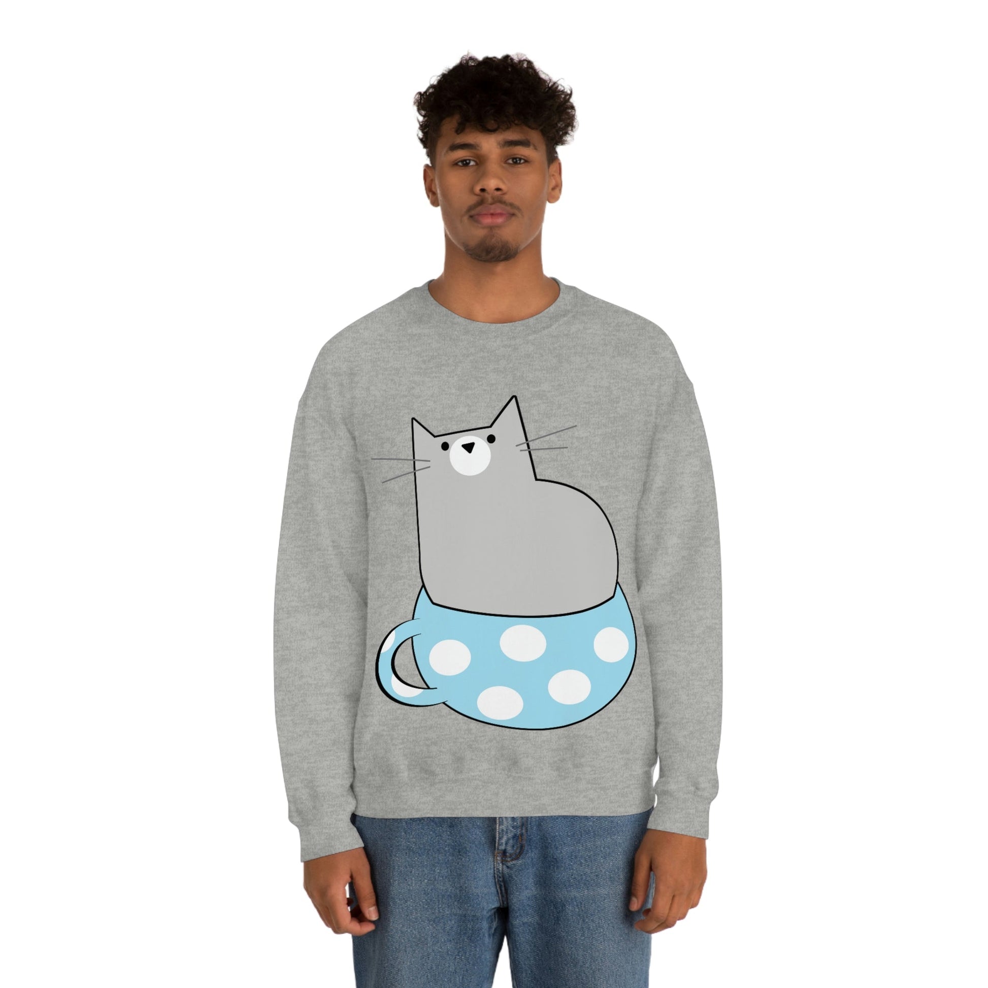 Cup Of Cat Watching Funny Pink Anime Unisex Heavy Blend™ Crewneck Sweatshirt Ichaku [Perfect Gifts Selection]