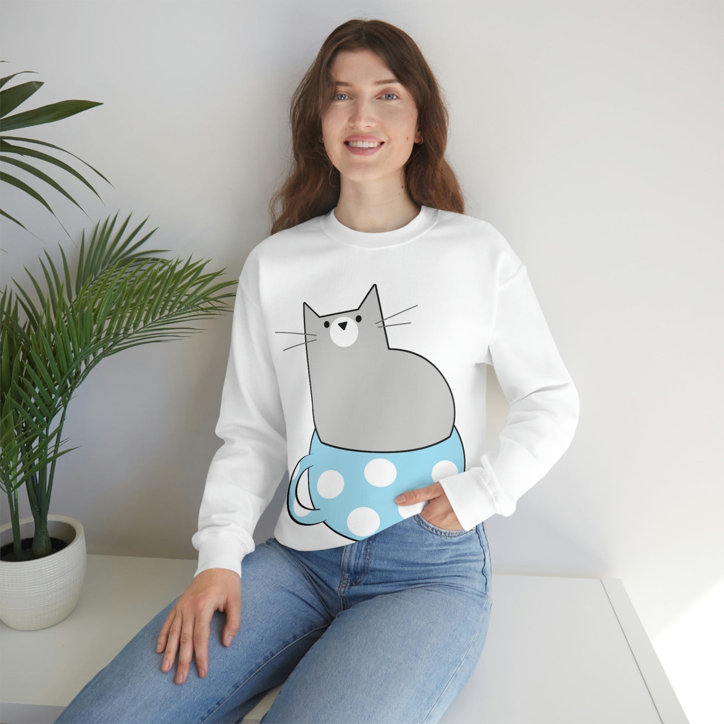 Cup Of Cat Watching Funny Pink Anime Unisex Heavy Blend™ Crewneck Sweatshirt Ichaku [Perfect Gifts Selection]